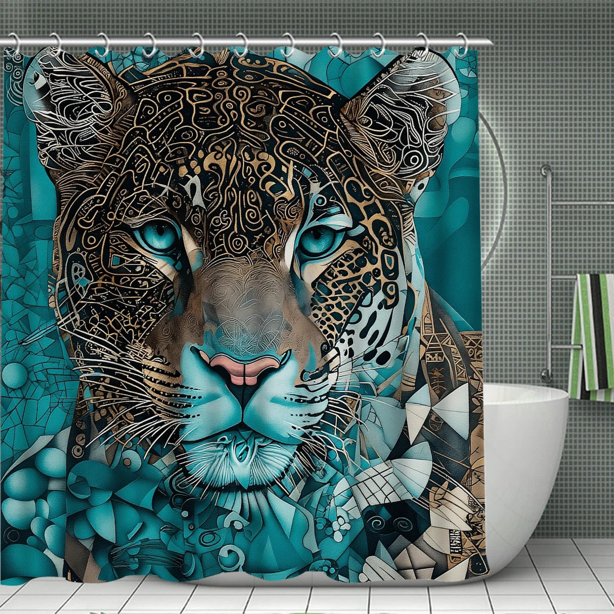4Pcs Teal Tribal Jaguar Shower Curtain Set with Hooks, Boho Geometric Animal Print Waterproof Mildew Resistant Fabric Bath Mat for Family Bathroom Home Decor