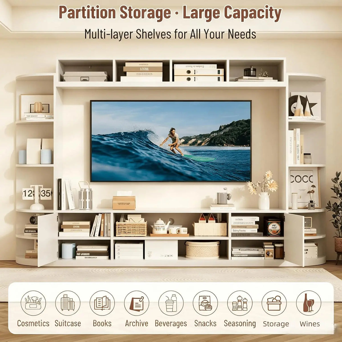 94" Entertainment Center with Bookshelves for TVs up to 70" (White), Customized