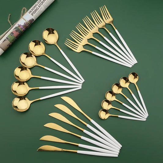 16/24/32/48Pcs Dinnerware Set White Gold Dinner Cutlery Set Stainless Steel Flatware Fork Kitchen Knife Fork Spoon Tableware Set