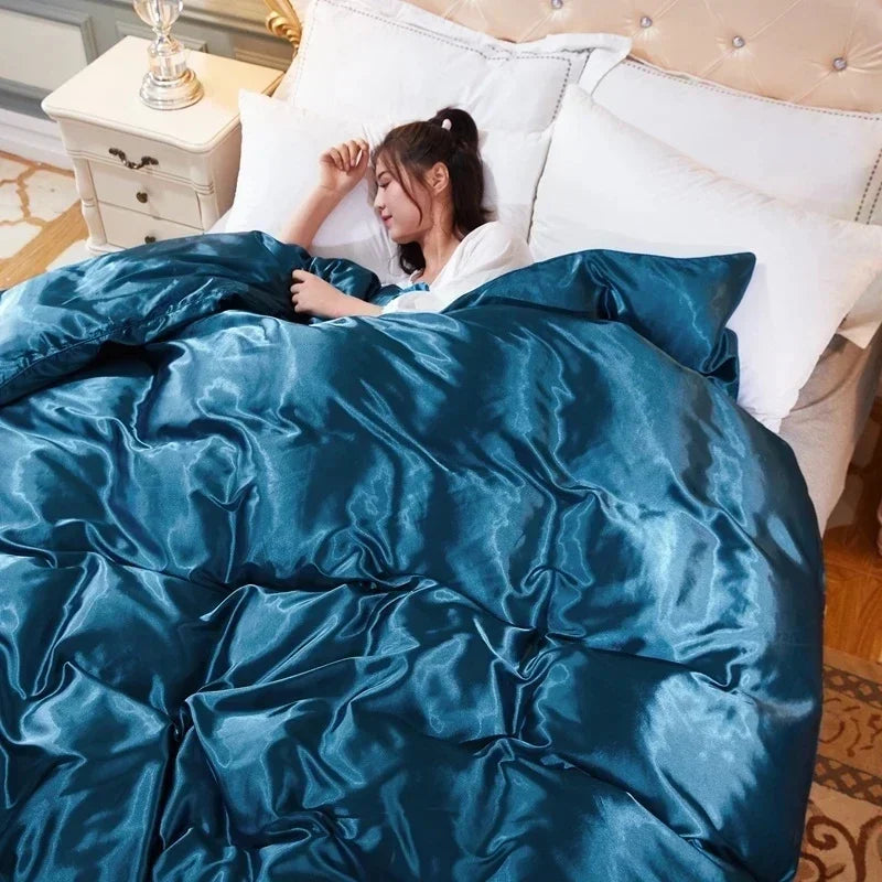 Mulberry 100% Silk Bedding Sets Skin Friendly Ice Silk Bed Sets Quilt Cover with Bed Sheet Pillowcase King Queen Full Twin Size