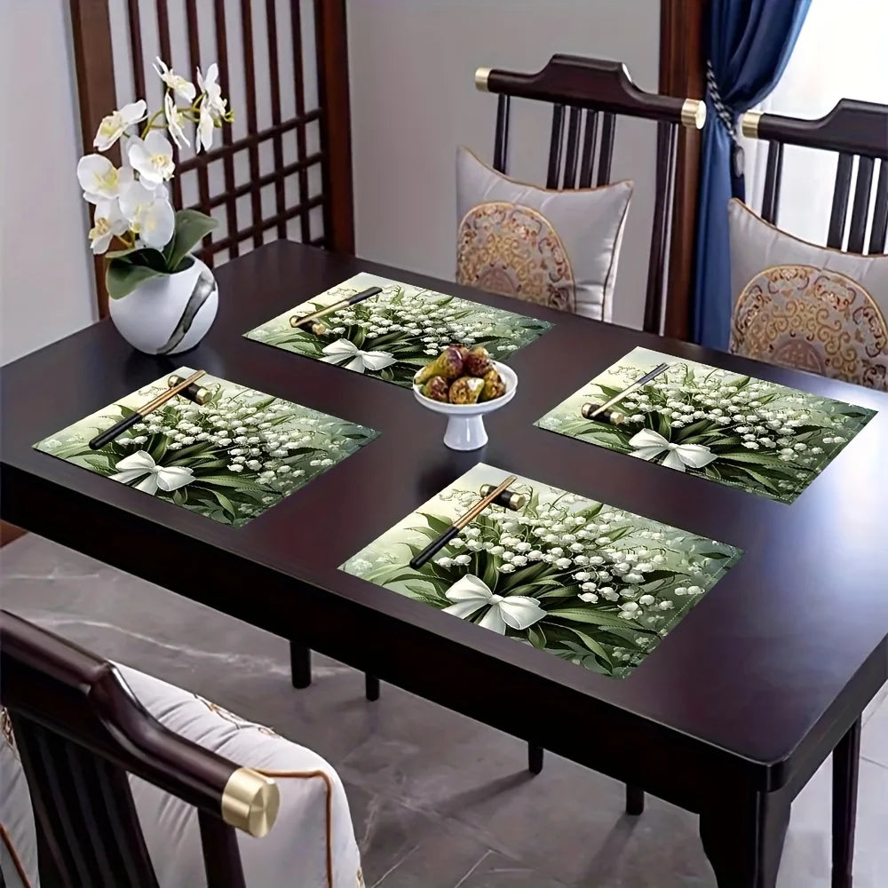 Single-Sided Printing Table Mats 12X18 Inch, Only a Plane Print, Lily-Of-The-Valley Bouquet with White Ribbons, Soft Lighting