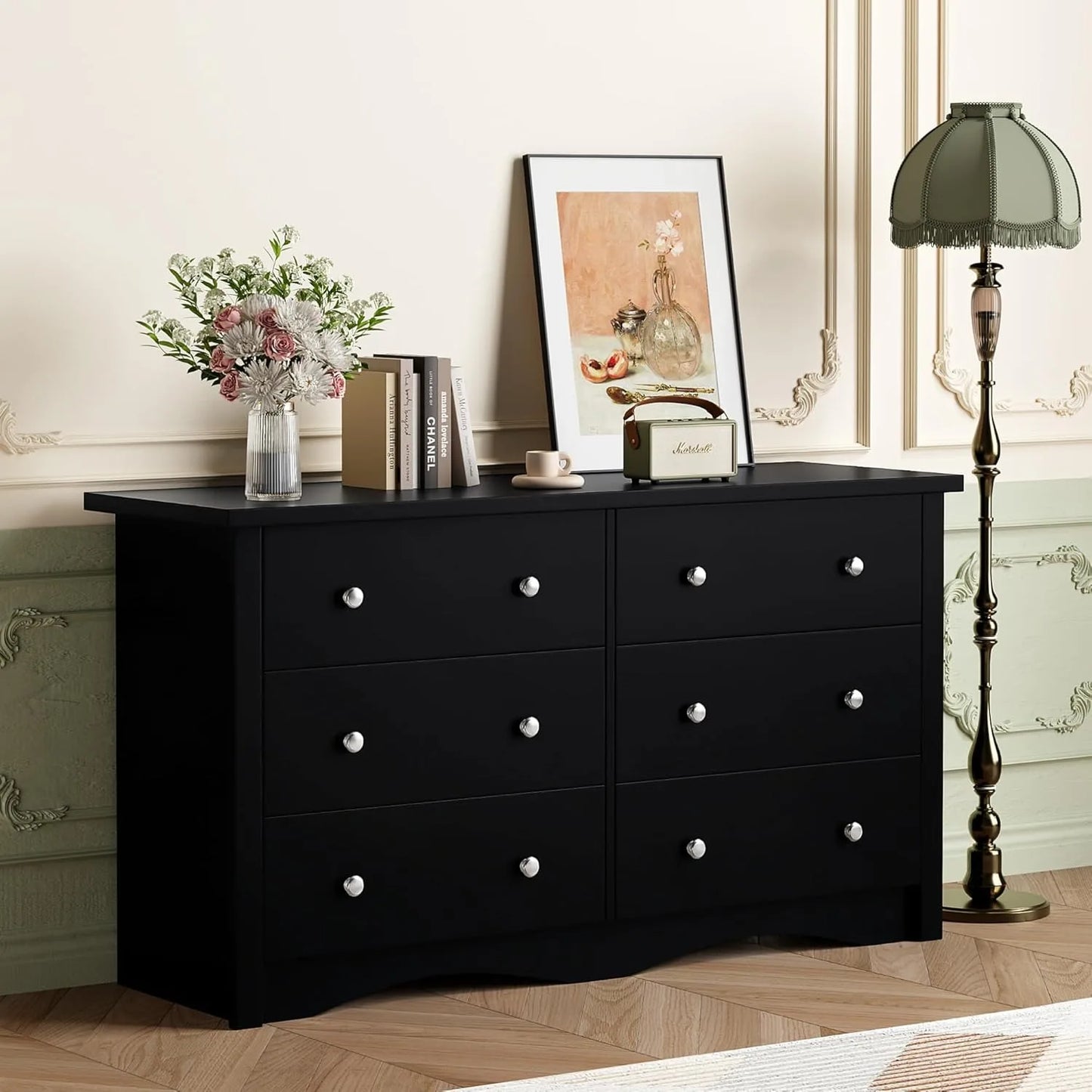 Black 6 Drawer Dresser Modern Wood Chest for Bedroom Living Room Closet Hallway