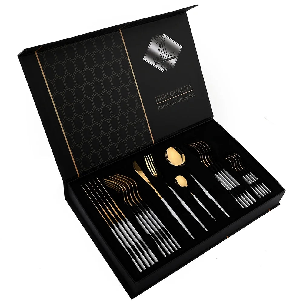 24Pcs Tableware Sets Stainless Steel Cutlery Spoon Fork Knife Mirror Dinnerware Kitchen Western Silverware Gift Box Set Flatware