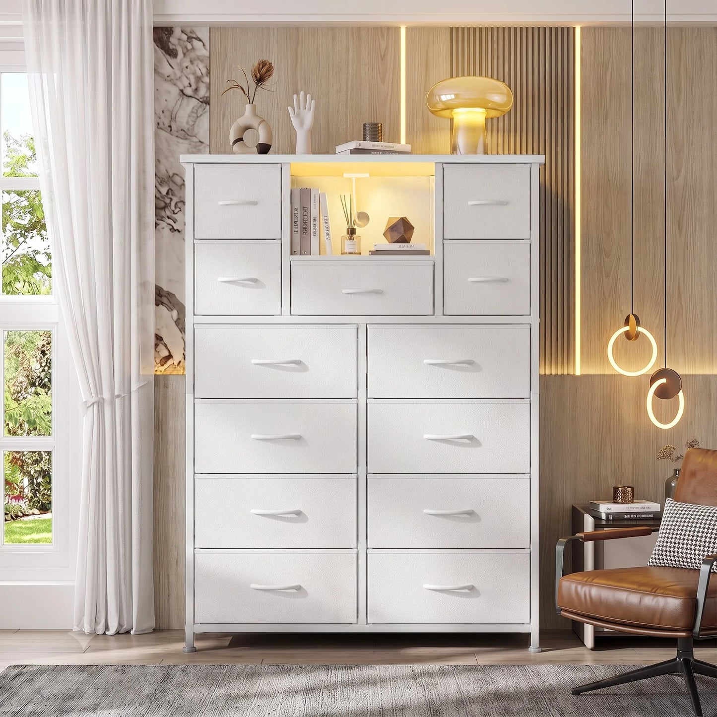 EnHomee 47" Fabric Dresser with LED Accent Lights & Built‑In Charging Hub – 13 Drawers + Open Shelves – Versatile Organizer for Bedroom, Entryway, and Hallway Use