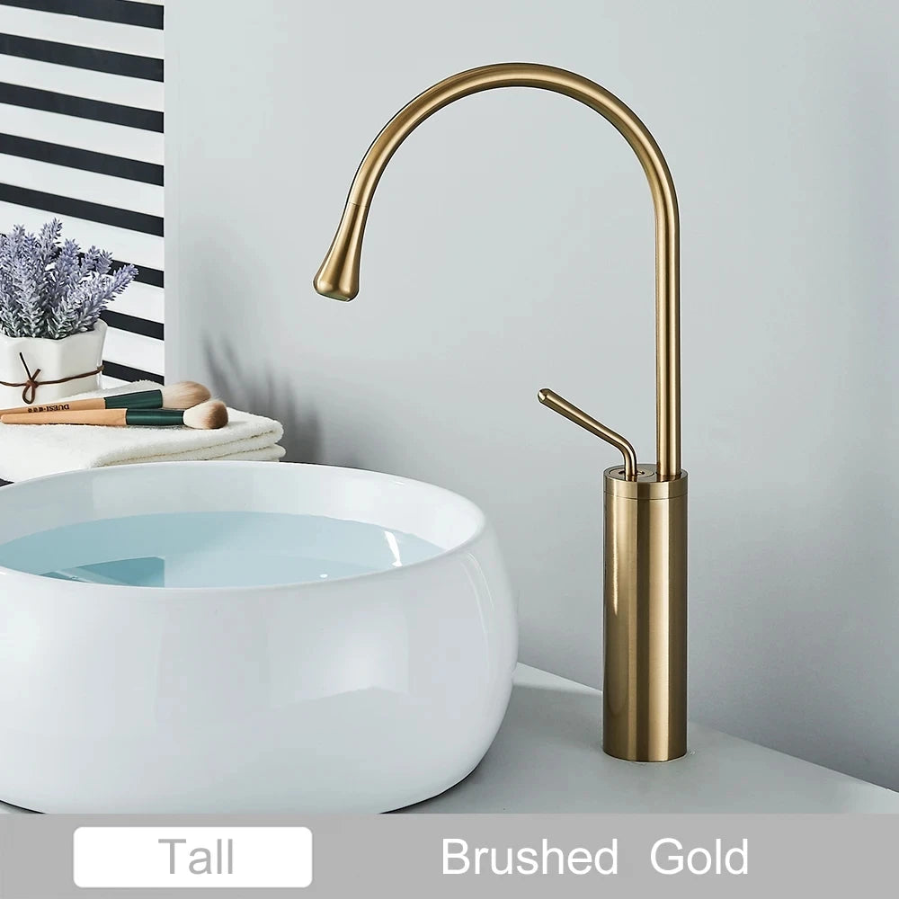 Brushed Golden Brass Art Basin Faucet Bathroom Washbasin Hot Cold Tap 360 Swivel Waterfall Gold Tall Model Mixer Deck Mounted