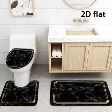 Luxury Black Marble Gold Border Bathroom Rug Set, Non Slip Bath Mat & Toilet Seat Cover, Water Absorbent Bathroom Decor