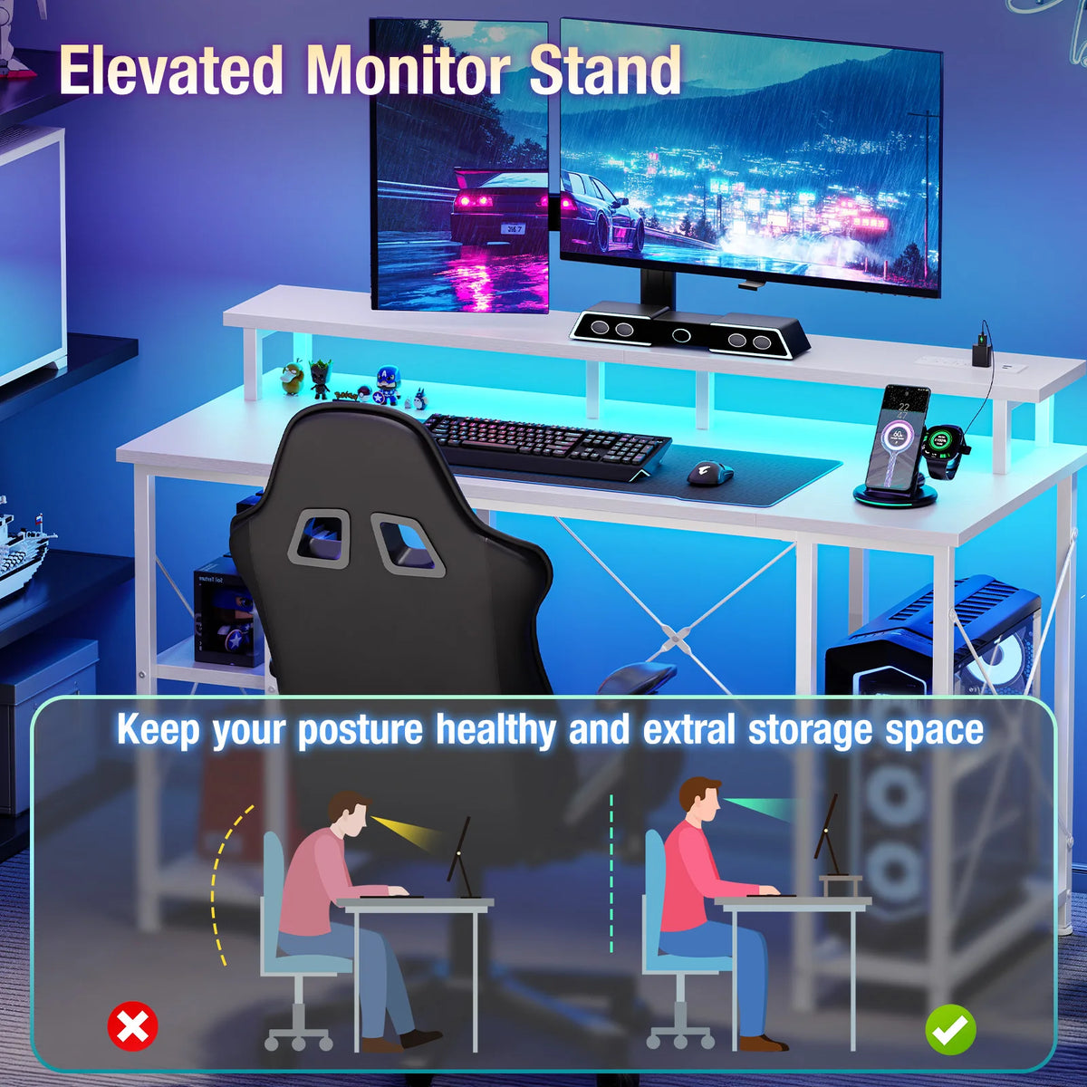 JHK 48 Inch Computer Desk with with Shelves Storage Drawers Office Wood Table with LED Lights Power Outlets Gaming Desk