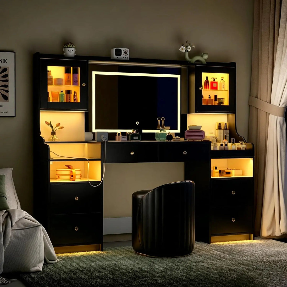 62" Large Black Vanity Desk with Glass Top, Makeup Vanity with Mirror and LED Lights, One-Touch 3 Lighting Modes, Dressing Table
