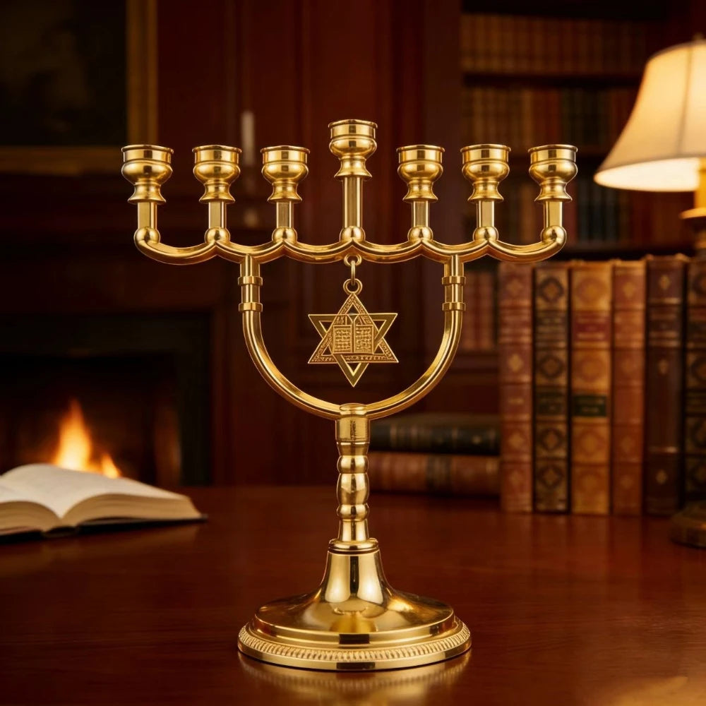 1PC Jewish 7 Branch Menorah Gold Zinc Alloy Candlestick with Star of David Religious Candle Holder for Hanukkah Home Decor