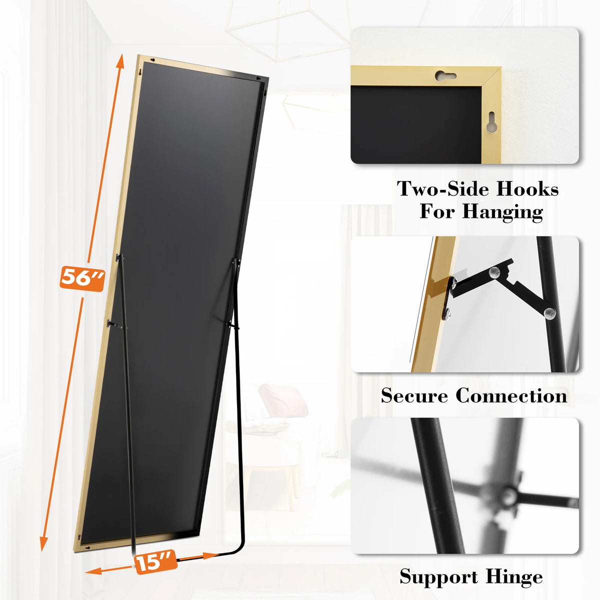 JHK Full Length Mirror with Stand 56"x15" Floor Mirror with Aluminum Alloy Frame Body Wall-Mounted Mirrors For Bedroom Bathroom