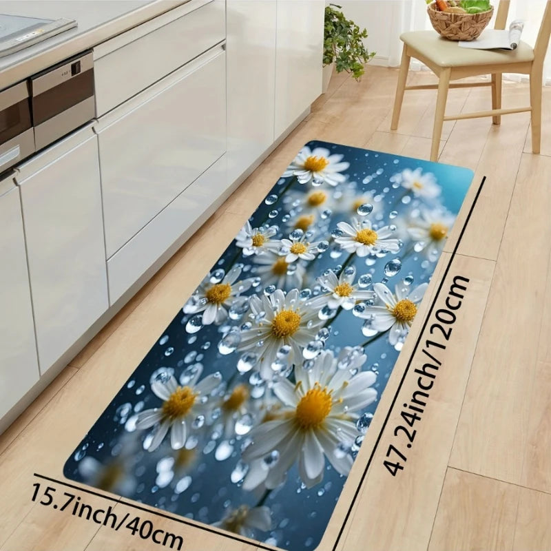 3D Daisy Flower Kitchen Runner Rug, Realistic White Chamomile with Water Droplets Non-Slip Absorbent Floor Mat for Entryway