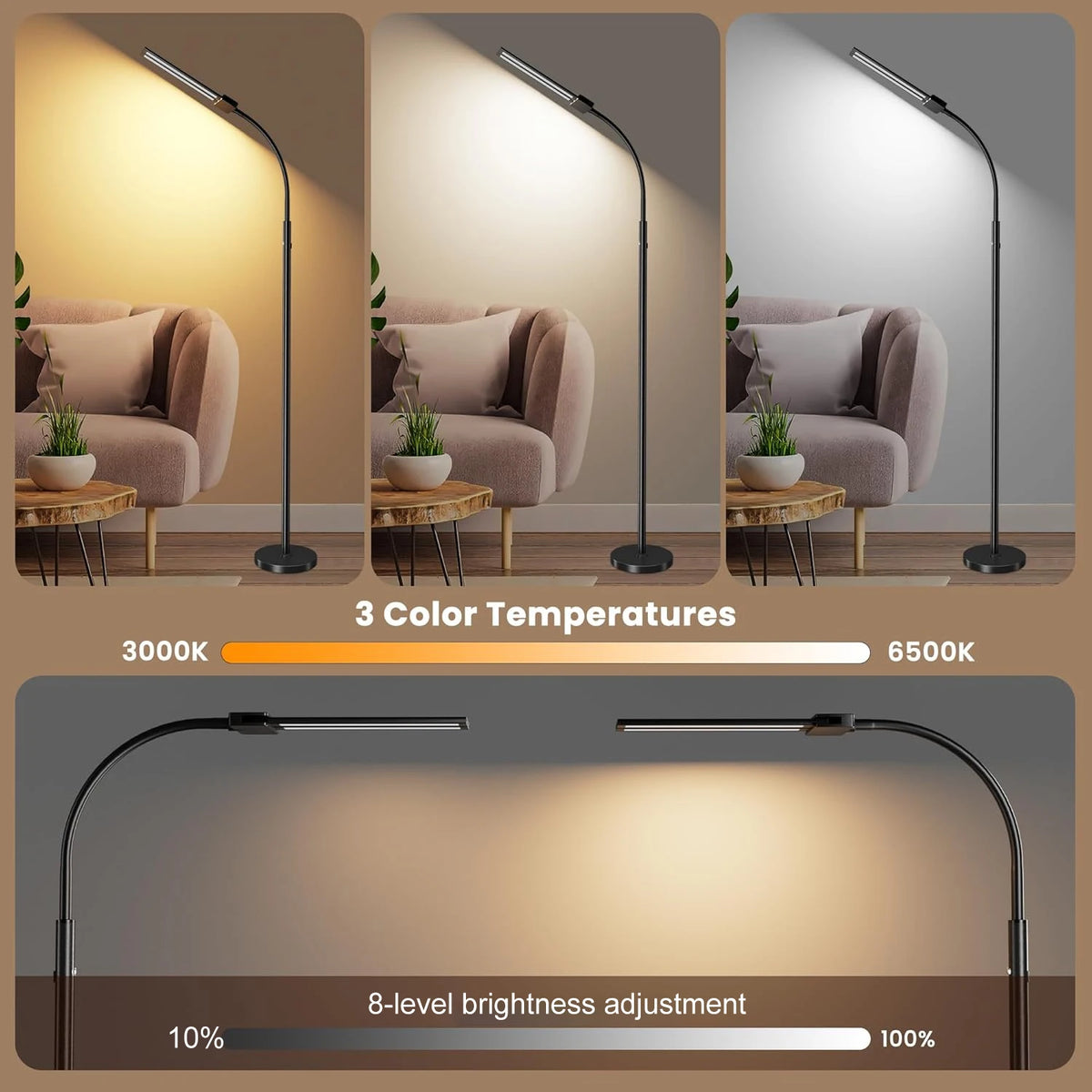 Modern LED Floor Lamp 3 Color Modes 8 Brightness Adjustable Flexible Gooseneck USB Standing Lamp for Living Room Reading Study Workbench
