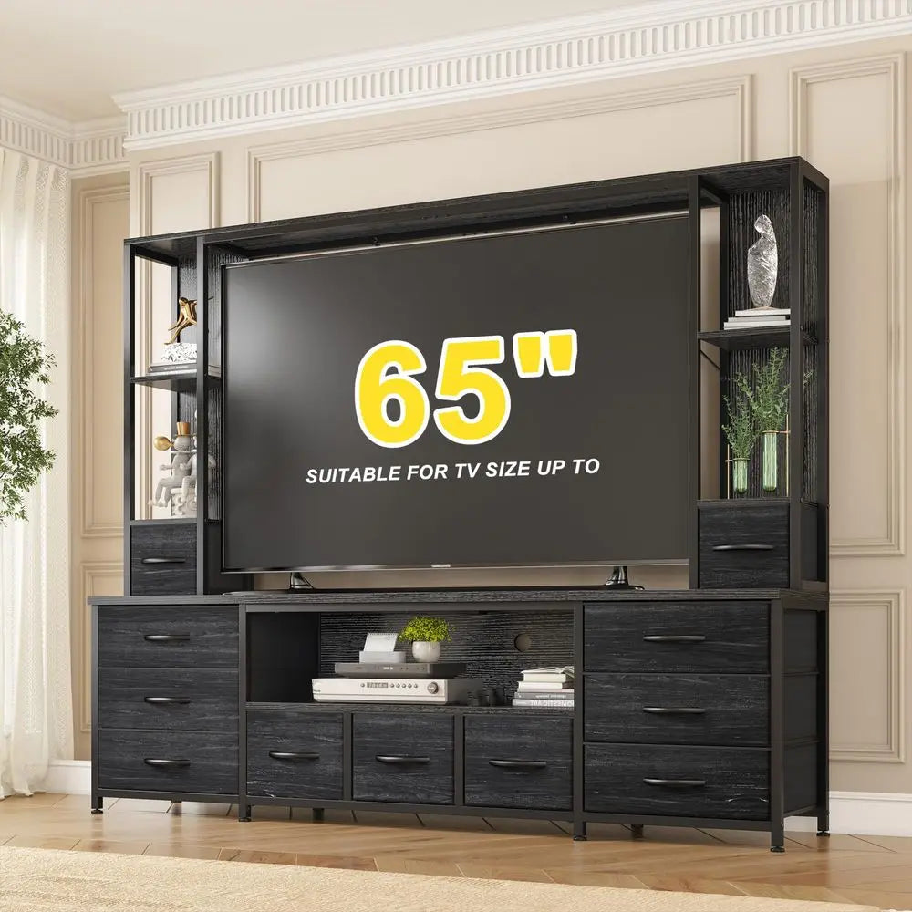 65 TV Stand for Living Room, Large Entertainment Center with 11 Fabric Drawers, 2 LED Lights amp Power Outlets, Modern Dresser
