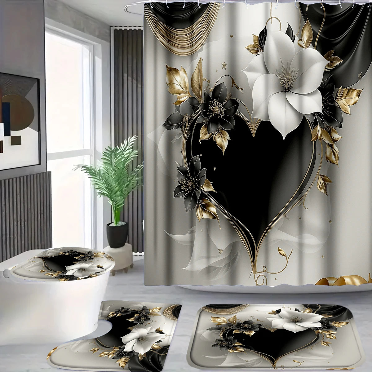 4Pcs Black Gold Heart Flower Shower Curtain Set with Hooks, Luxury Elegant Floral Print Waterproof Mildew Resistant Fabric Bath Mat for Family Bathroom Home Decor