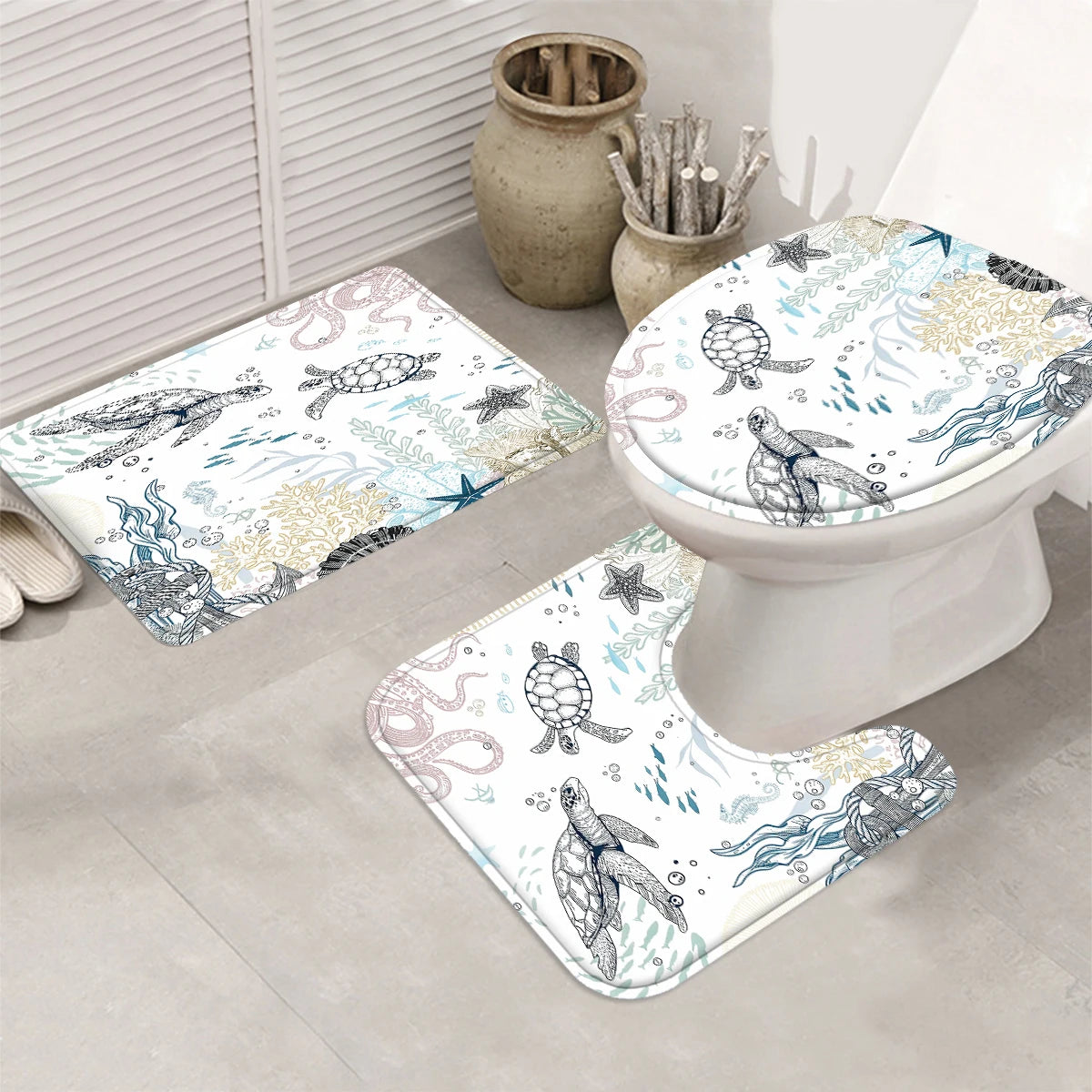 4 Pcs/Set Sea Turtle & Coral Shower Curtain Bathroom Set, Coastal Nautical Print Waterproof Mildew Resistant Fabric, Family Bathroom Decor, Minimalist Ocean Style Bath Mat Set, Fits Apartment, Guest Bathroom, Home Use, Includ