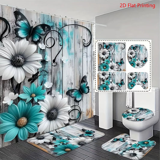 1or4 Piece Teal and White Floral Butterfly Shower Curtain Set - Modern Bathroom Decor - Washable Fabric Curtain - Rugs and Cover