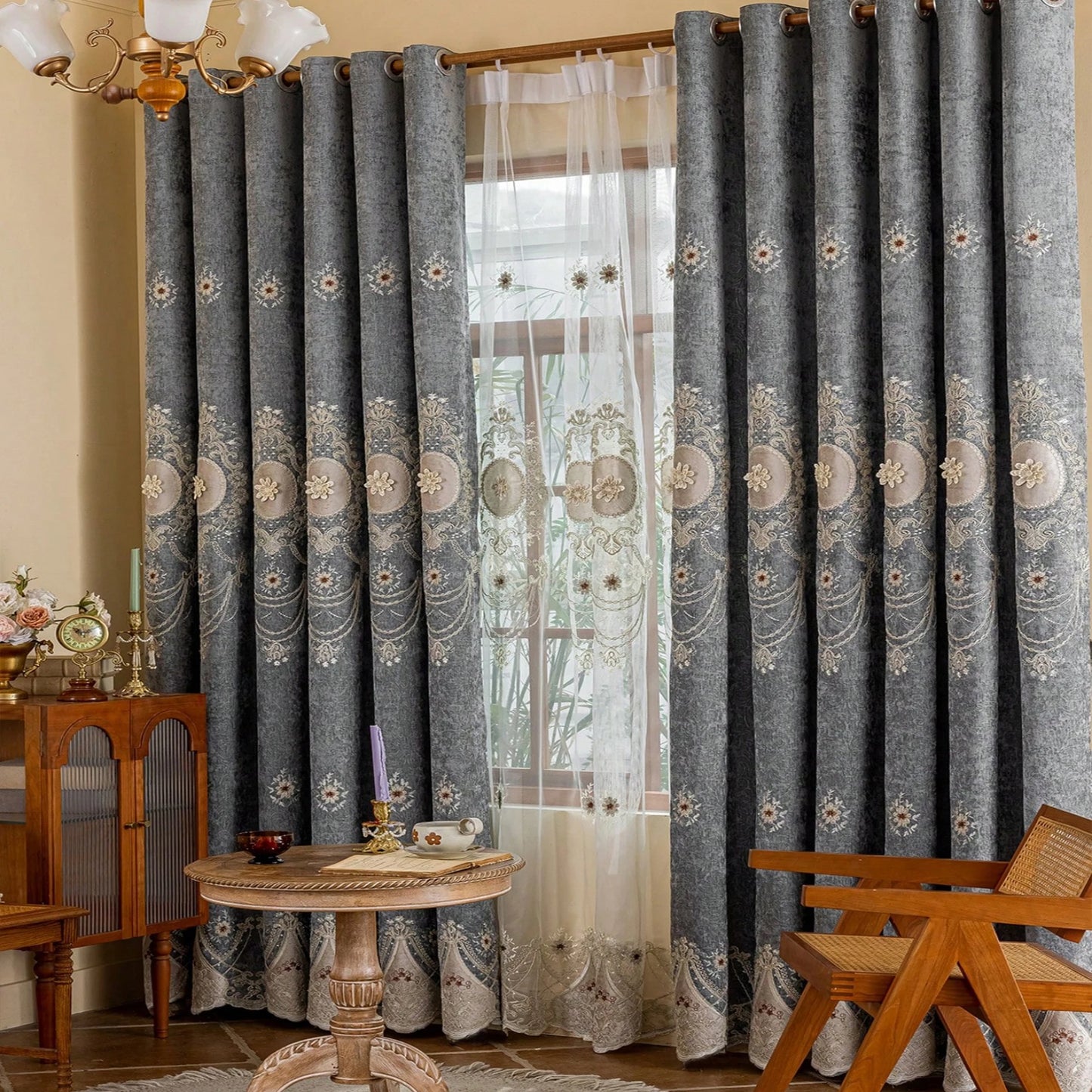 1pc Luxury European Style Chenille Floral Curtains,Light Blocking Embroidered Drapes for Living Room,Bedroom,High-End Home Decor