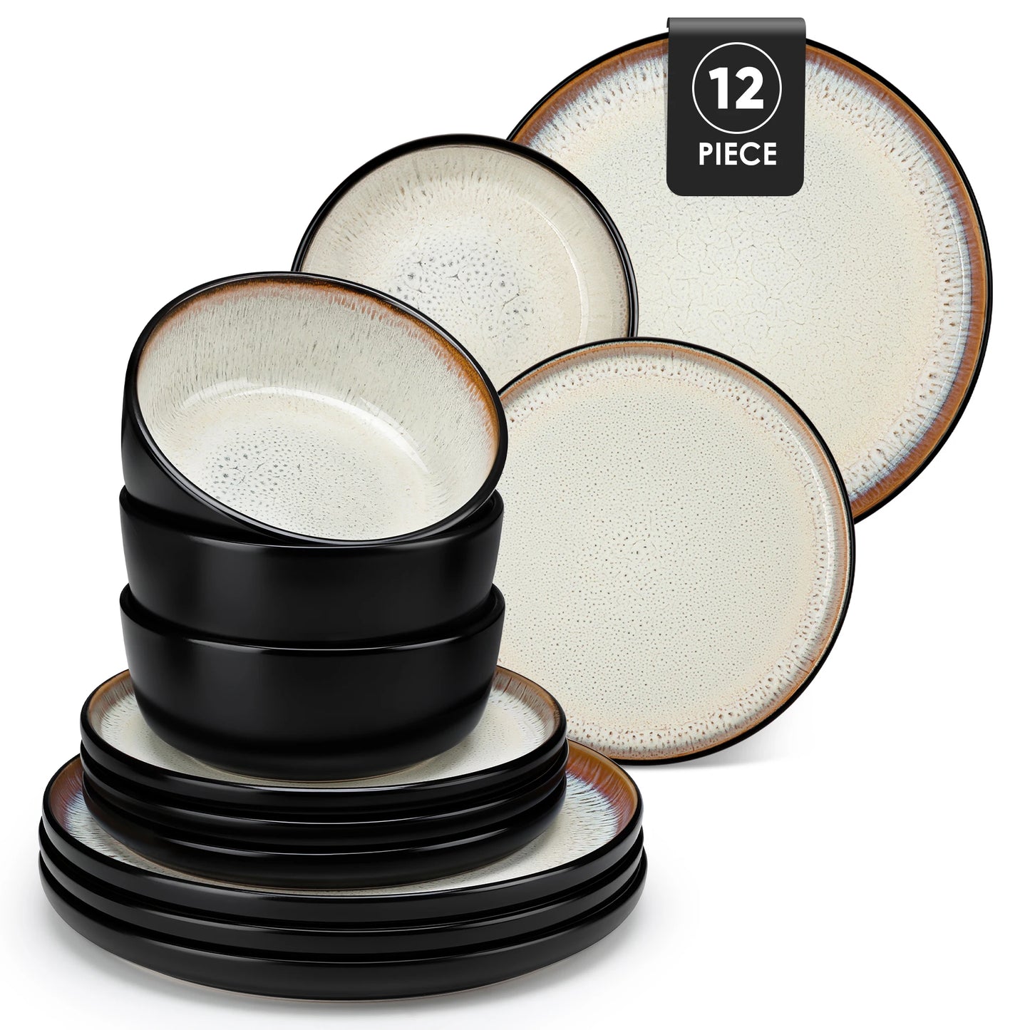 vancasso AMBER 12/16 Piece Ceramic Dinnerware Set Matte Black Stoneware Plats Set with 4/6 pcs Dinner Plate/Dessert/Bowl/Soup