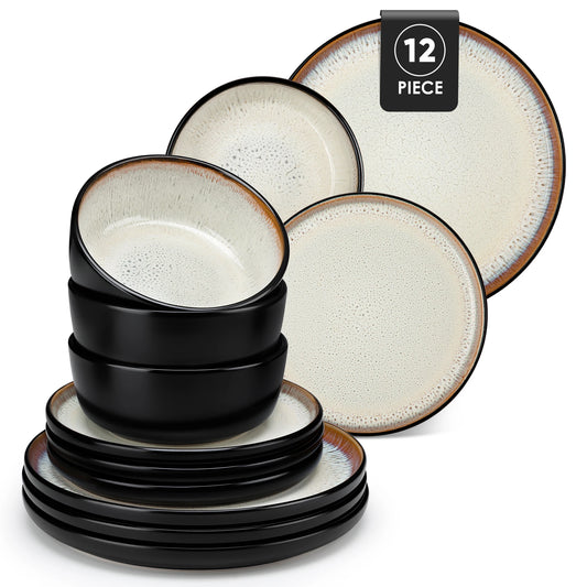 vancasso AMBER 12/16 Piece Ceramic Dinnerware Set Matte Black Stoneware Plats Set with 4/6 pcs Dinner Plate/Dessert/Bowl/Soup