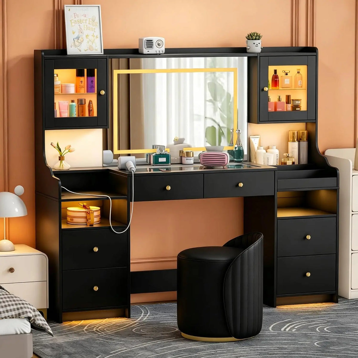 62" Large Black Vanity Desk with Glass Top, Makeup Vanity with Mirror and LED Lights, One-Touch 3 Lighting Modes, Dressing Table