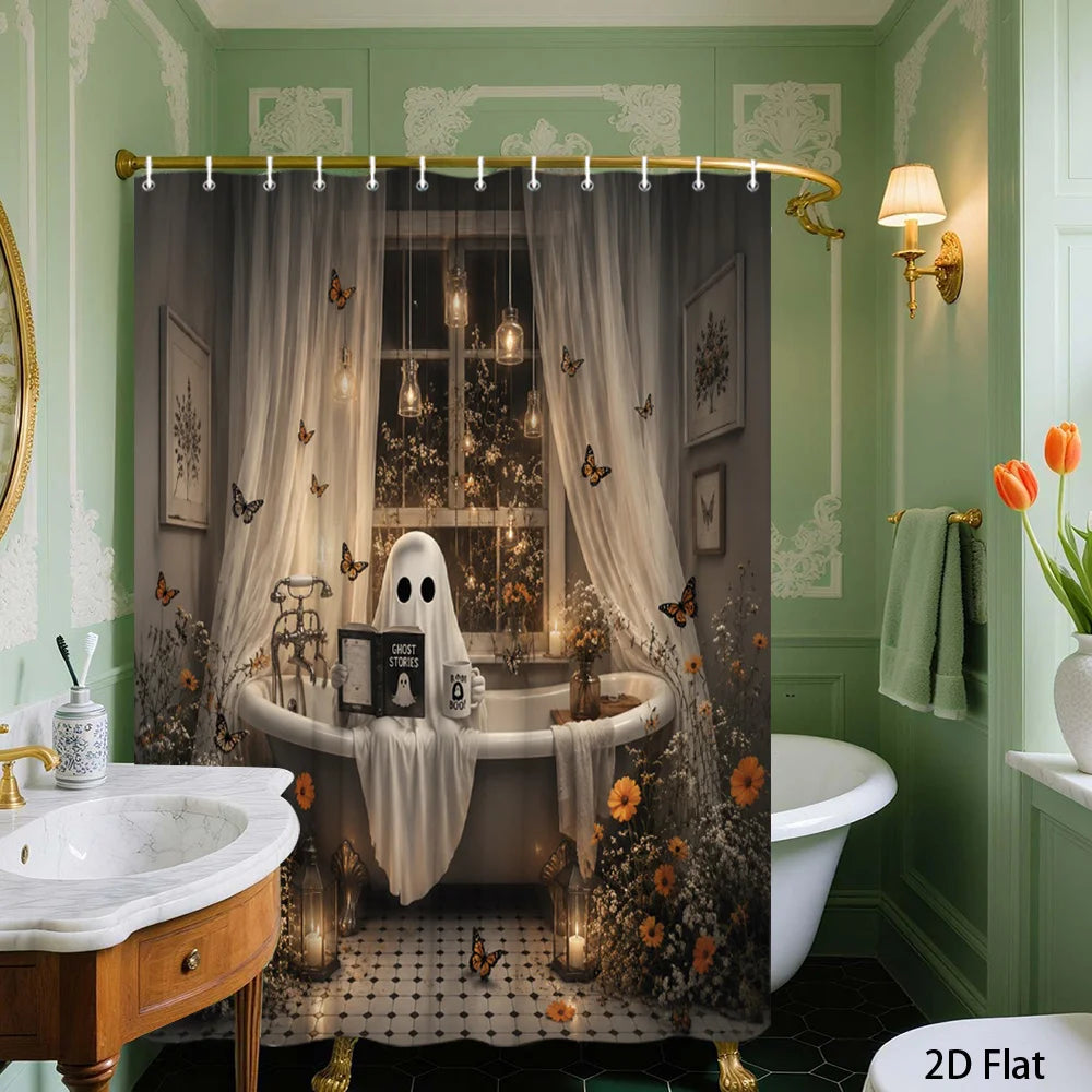 2D Flat, 1pc 2D Large-Sized Shower Curtain with Halloween Ghost Theme, Polyester Fabric Bathroom Decoration, Bathtub Partition