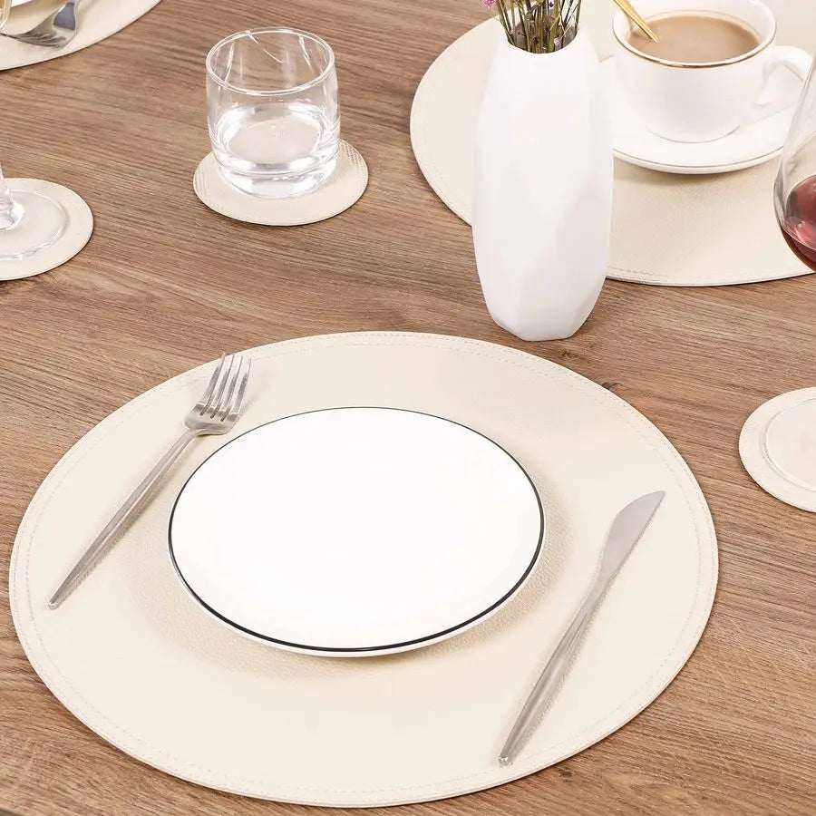 of 6 Faux Leather Round Placemats and Coasters, Coffee Mats Kitchen Table Mats, Waterproof, Easy to Clean for Kitchen Dining Rou