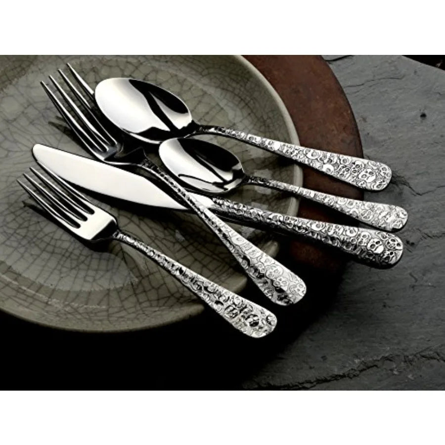 Calavera Skull 45 Piece Flatware Set for 8 Silverware Made in USA Stainless Steel Silver Finish Durable and Elegant Dining Cutl