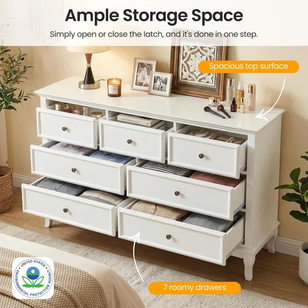 53" Wide White Modern Dresser,7 Drawers,Solid Wood Legs For Bedroom, Custom