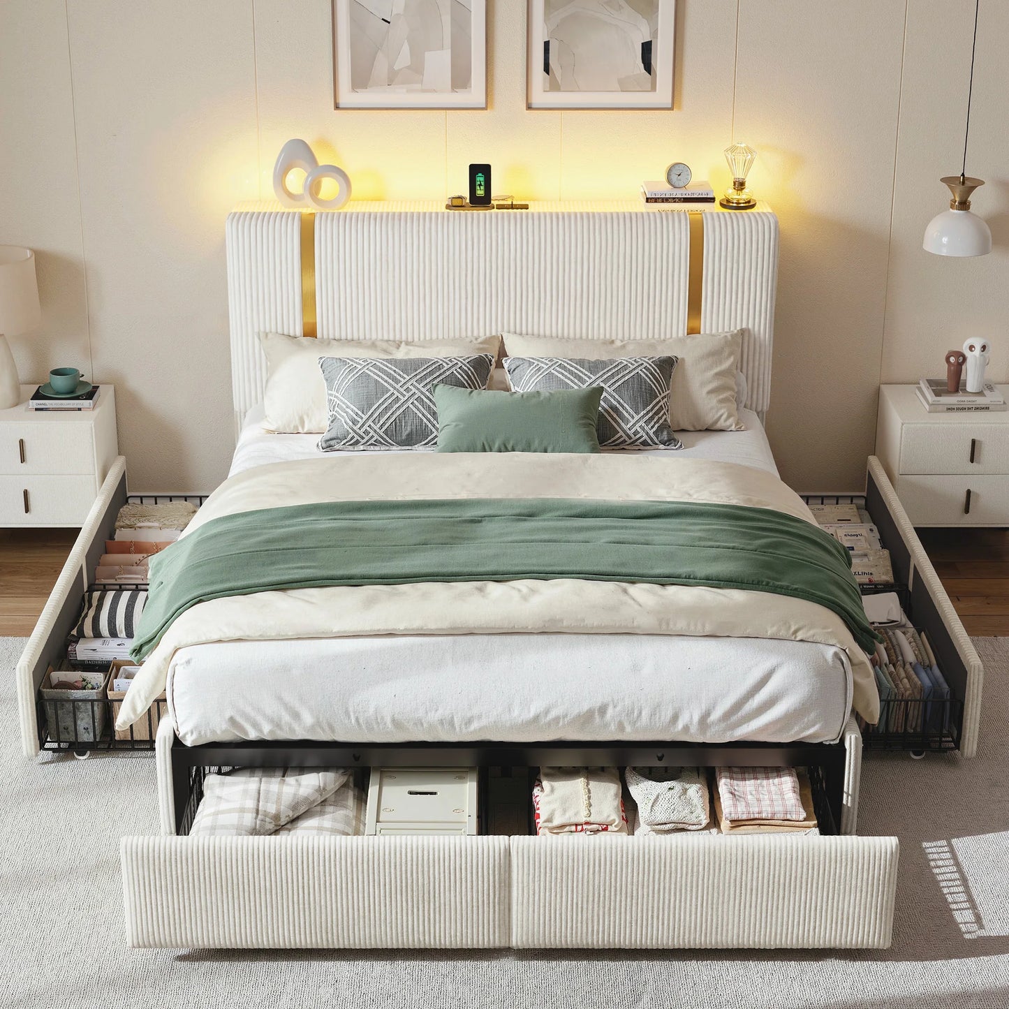 EnHomee Bed Frame with 6 Storage Drawers, Soft Upholstered Bed Frame with LED Light & Charging Station, Adjustable Tall Corduroy Headboard