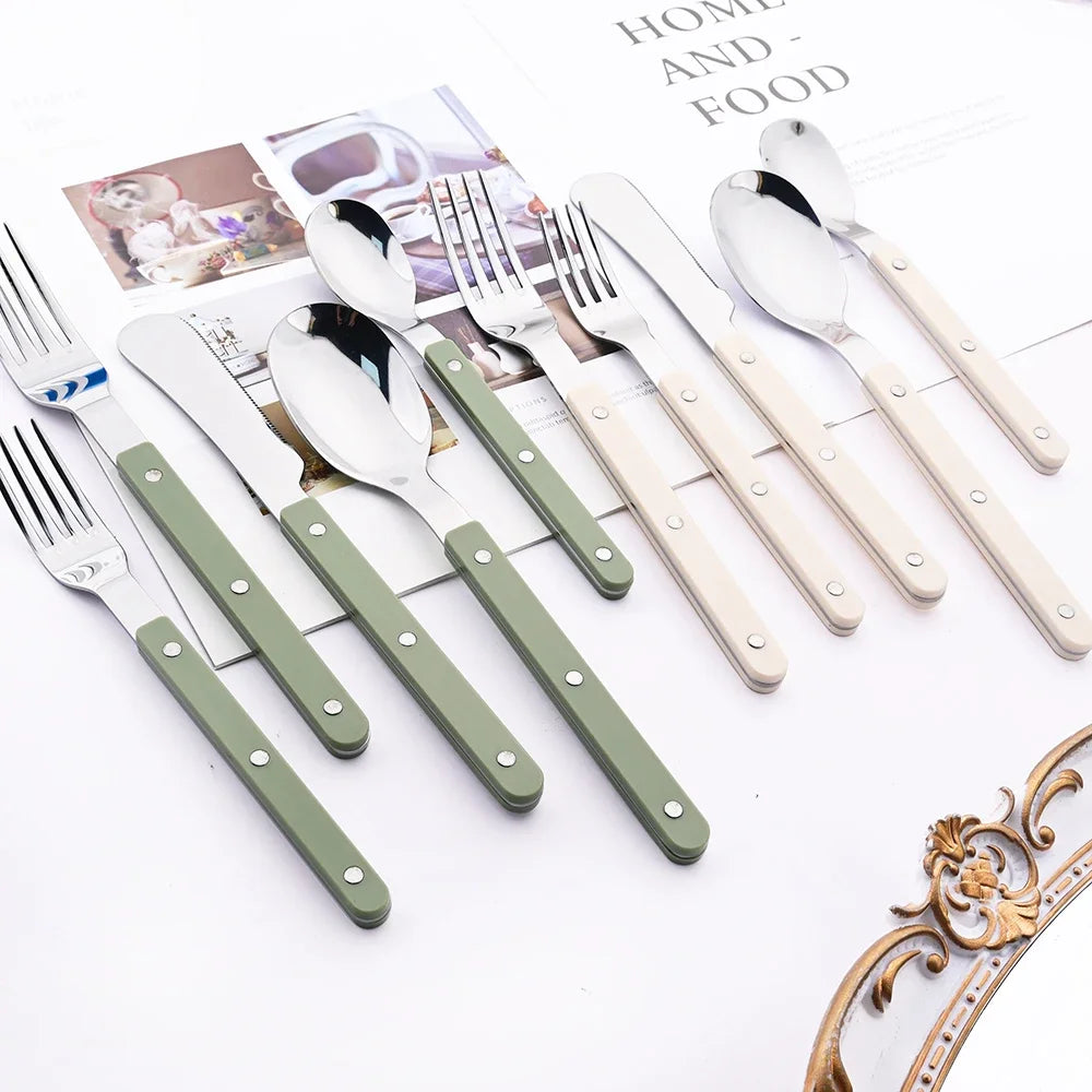 Beige Silver 4/16Pcs Dinnerware Acrylic Handle Knife Fork Spoon Set Stainless Steels Cutlery Set Western Dinner Kitchen Flatware