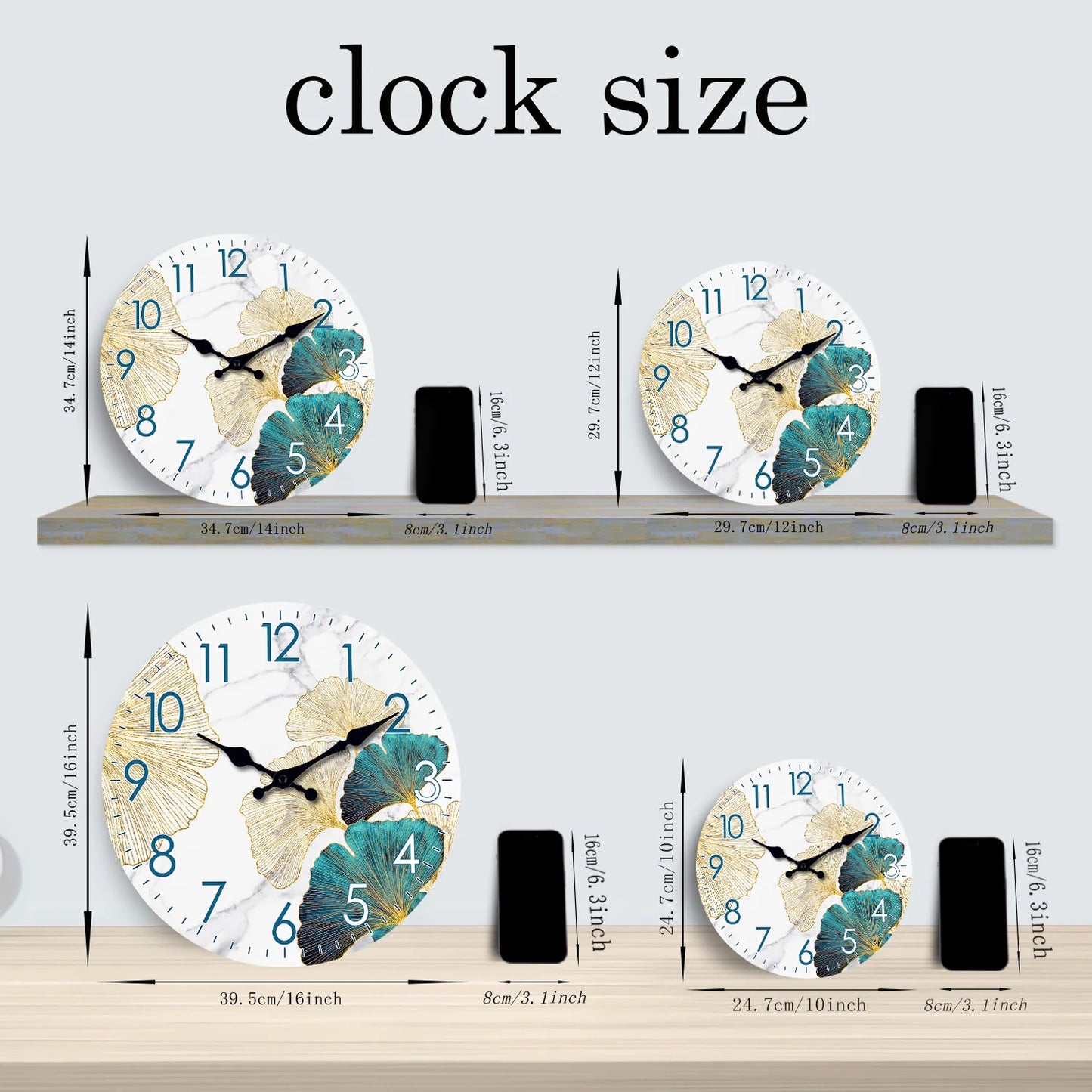 Modern Stylish Ginkgo Leaf Pattern Wooden Wall Clock for Living Room, Bedroom, Kitchen, Home Decoration, Silent Quartz Clock, Holiday Gift, 10 Inches, 12 Inches (No Battery)