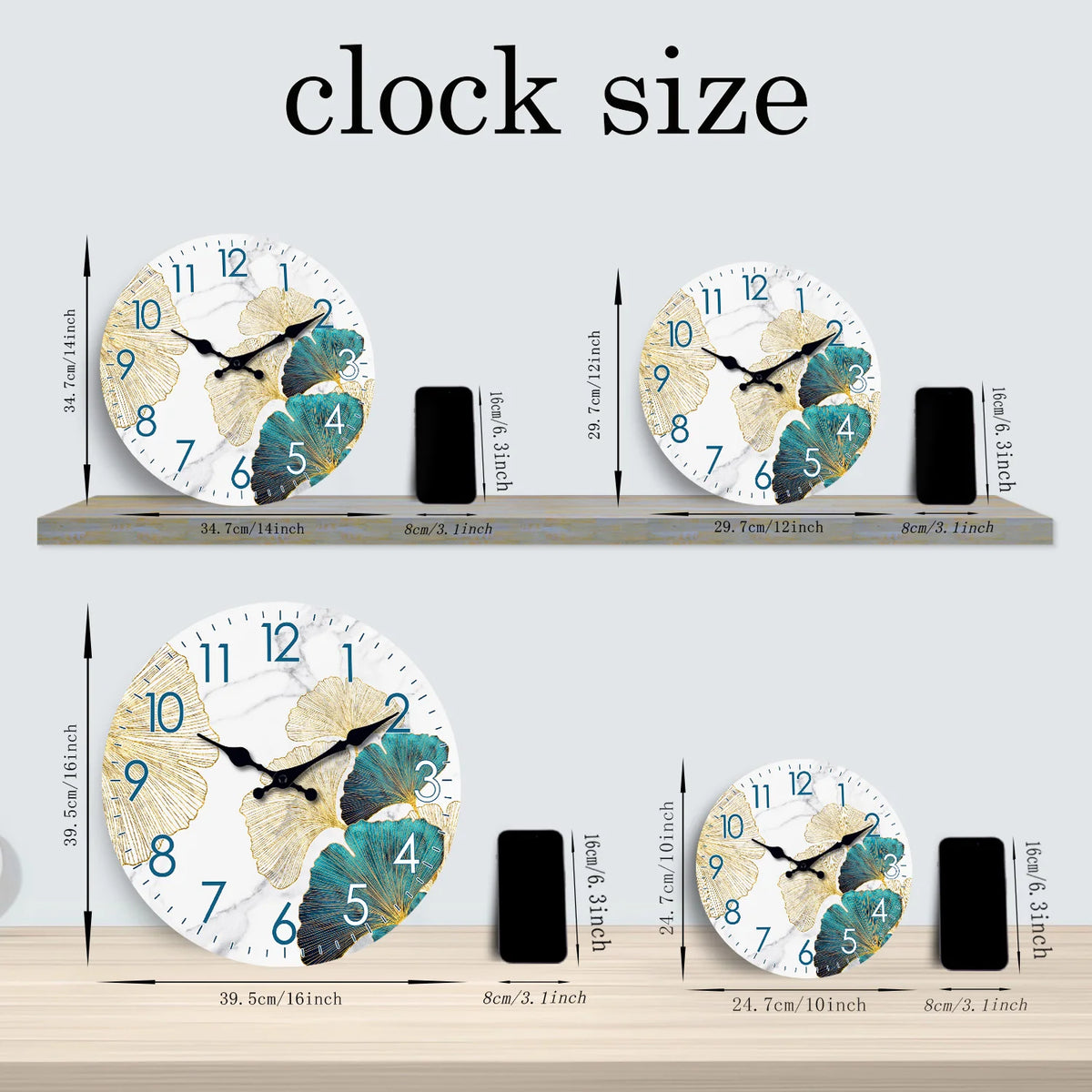 Modern Fashion Ginkgo Leaf Pattern Wooden Wall Clock Living Room Bedroom Kitchen Home Decoration Wall Clock Silent Quartz Clock Holiday Gift 10 Inches 12 Inches 14inch 16inch (No Battery)