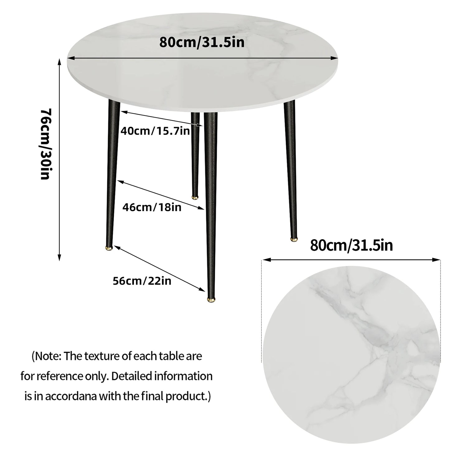 Modern Round Kitchen Dining Table Marble Top 80cm Diameter Living Dining Room Restaurant Island Table for 4 Seat
