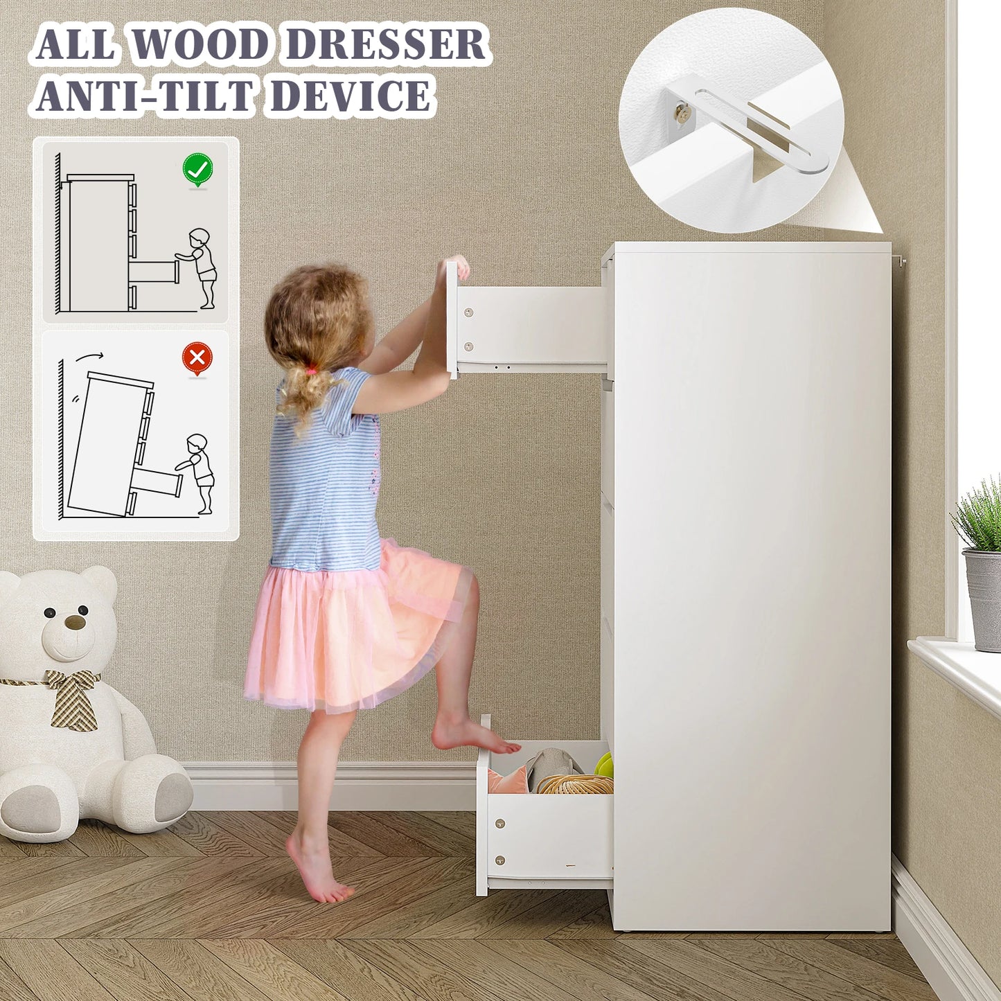 Modern Tall wooden Dresser with 6 Drawers - Solid Wood Storage Cabinet for Bedroom, Entryway & Living Room
