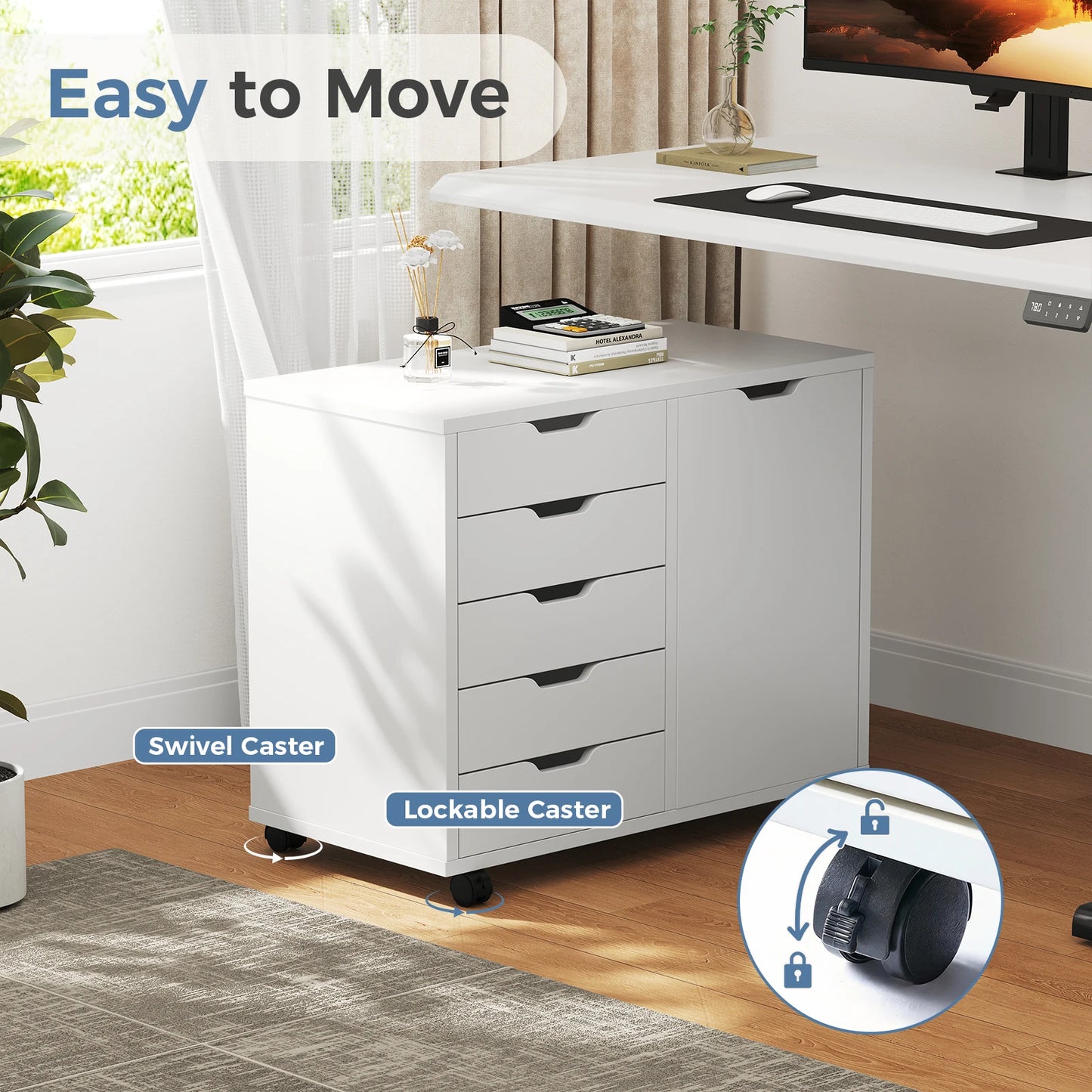 JHK Wood 5 Drawers Cabinets Organizer with Wheels Rolliing File Cabinet with Shelves and Door Printer Stand  for Home Office
