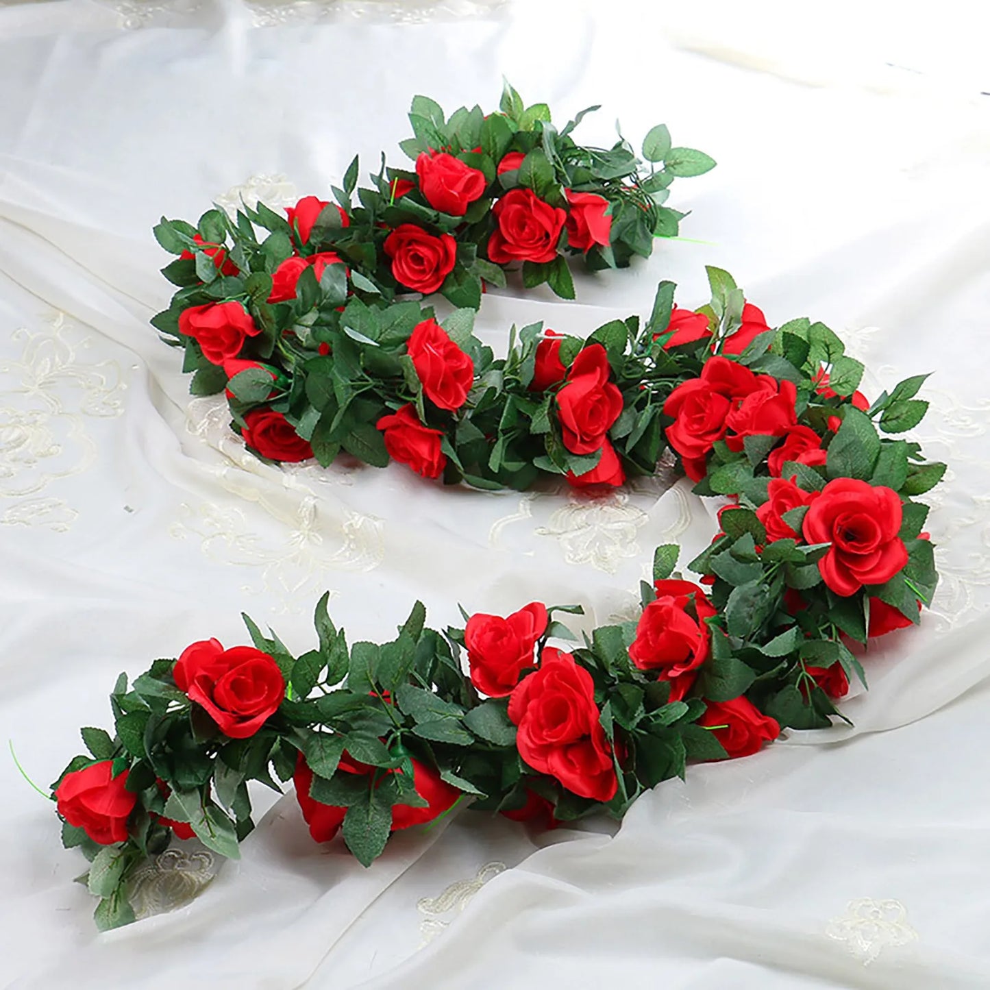 Artificial Rose Vine Realistic Faux Flowers Decorative Garland Lifelike Red Roses Plastic Vine  Indoor Outdoor Wall Decor