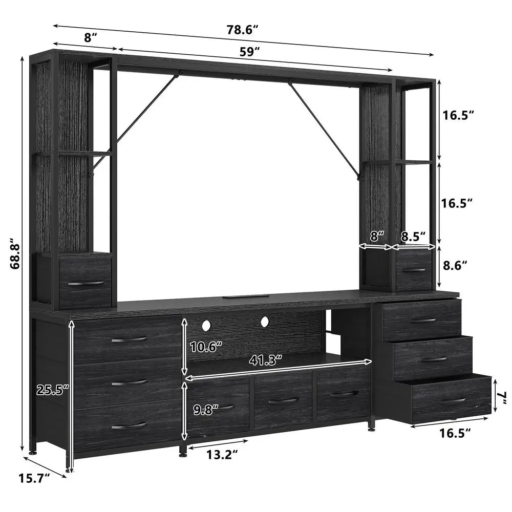 65 TV Stand for Living Room, Large Entertainment Center with 11 Fabric Drawers, 2 LED Lights amp Power Outlets, Modern Dresser