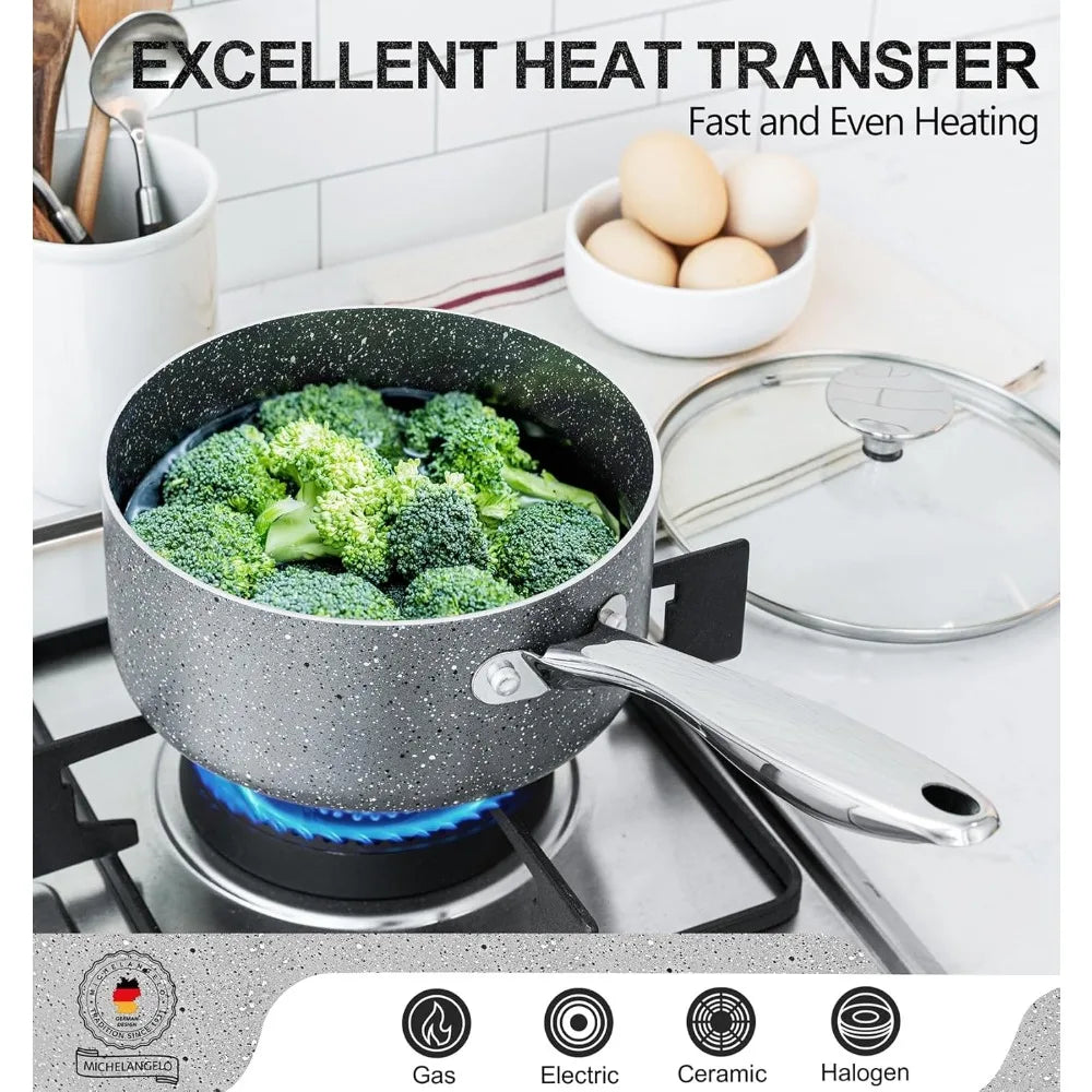 MICHELANGELO 3 Piece Granite Coated Pot Set with Lid 1QT 2QT 3QT Stainless Steel Handle for Oven and Induction Cooktop