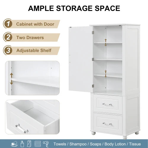 Tall Bathroom Storage Cabinet, Freestanding Storage Cabinet with Two Drawers and Adjustable Shelf, MDF Board with Painted Finish