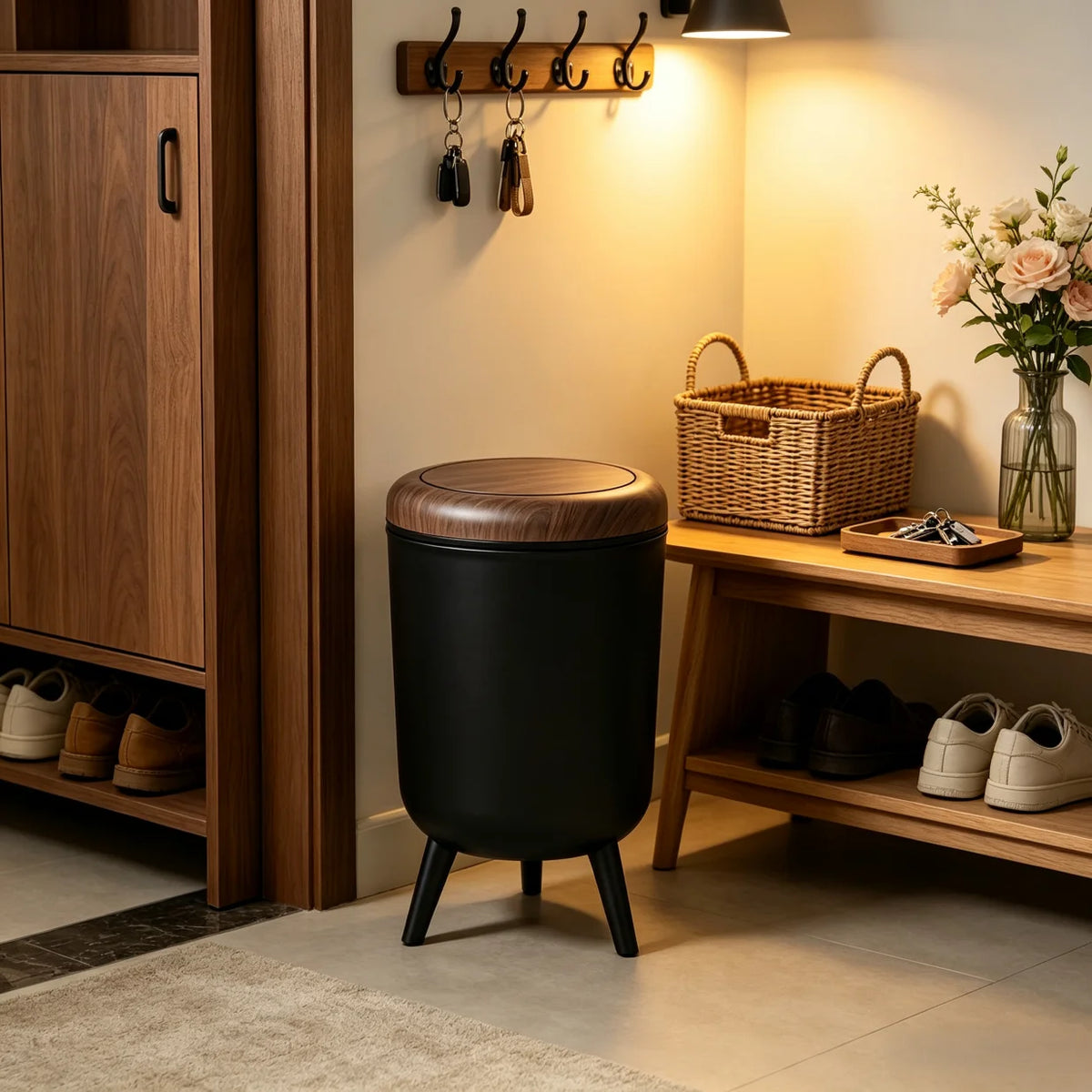 Tall Press‑Open Lidded Waste Bin with Tripod Stand, Wood‑Grain Lid Decorative Waste Container, Large‑Capacity Floor Trash Can for Home Kitchen Living Room