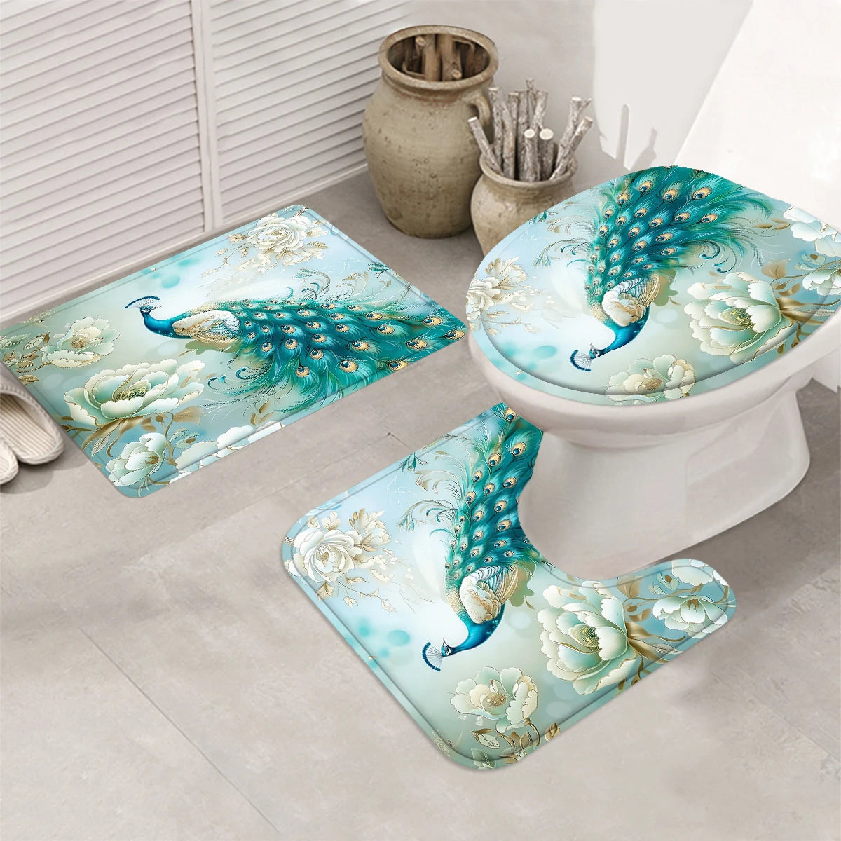 4Pcs Elegant Peony Peacock Shower Curtain Set with Hooks, Teal Floral Print Waterproof Mildew Resistant Fabric Bath Mat for Family Bathroom Home Decor