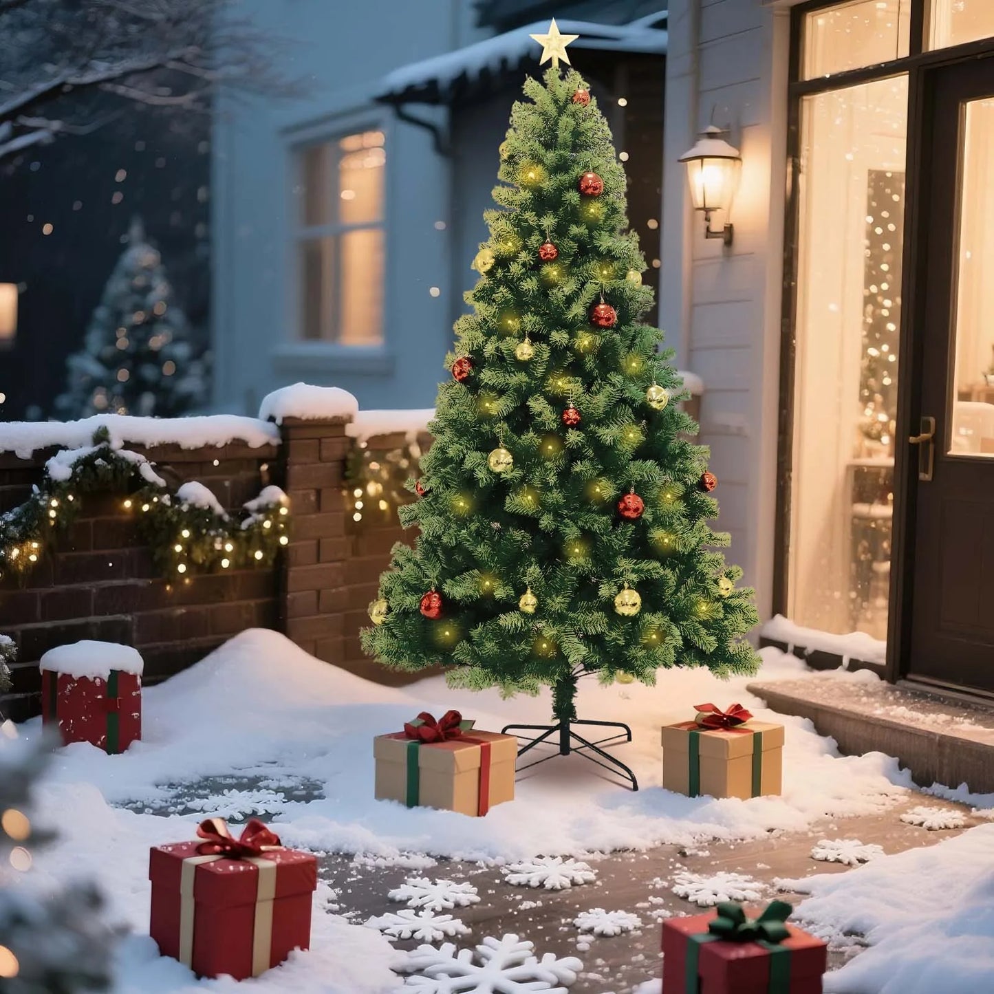 6-7ft Christmas Tree Hinged Artificial Pine Lighted Holiday Tree for Christmas Home, Office party Decor