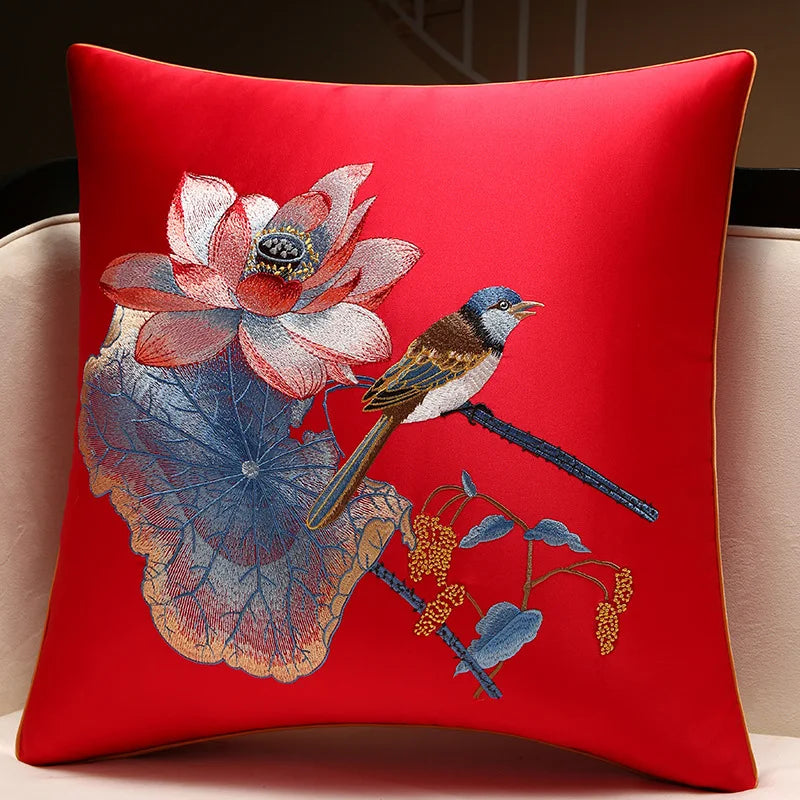 New Chinese Style Embroidered Bird Cushion Cover Living Room Sofa Waist Pillow Luxurious Classical Bed Head Silk Pillowcase