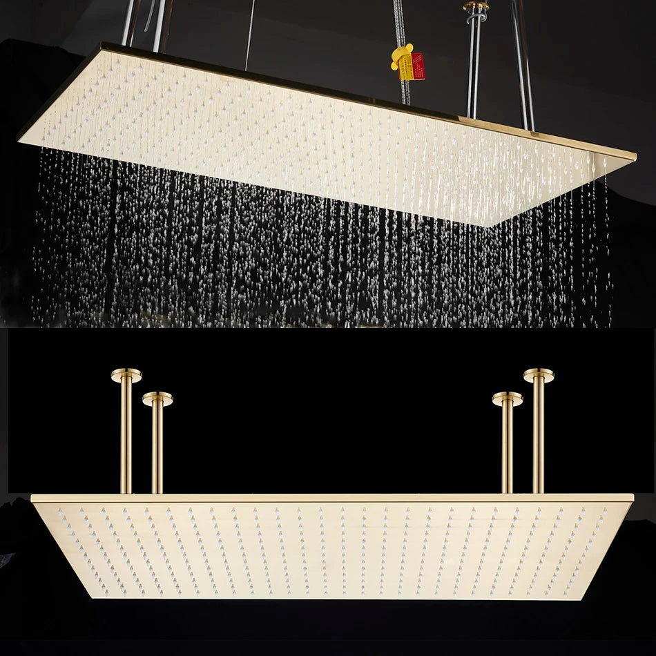Bathroom Brushed Gold Thermostatic Shower Faucet Big Rainfall Head Ceiling Mounted Bathtub Mixer Tap Bath Shower Set System