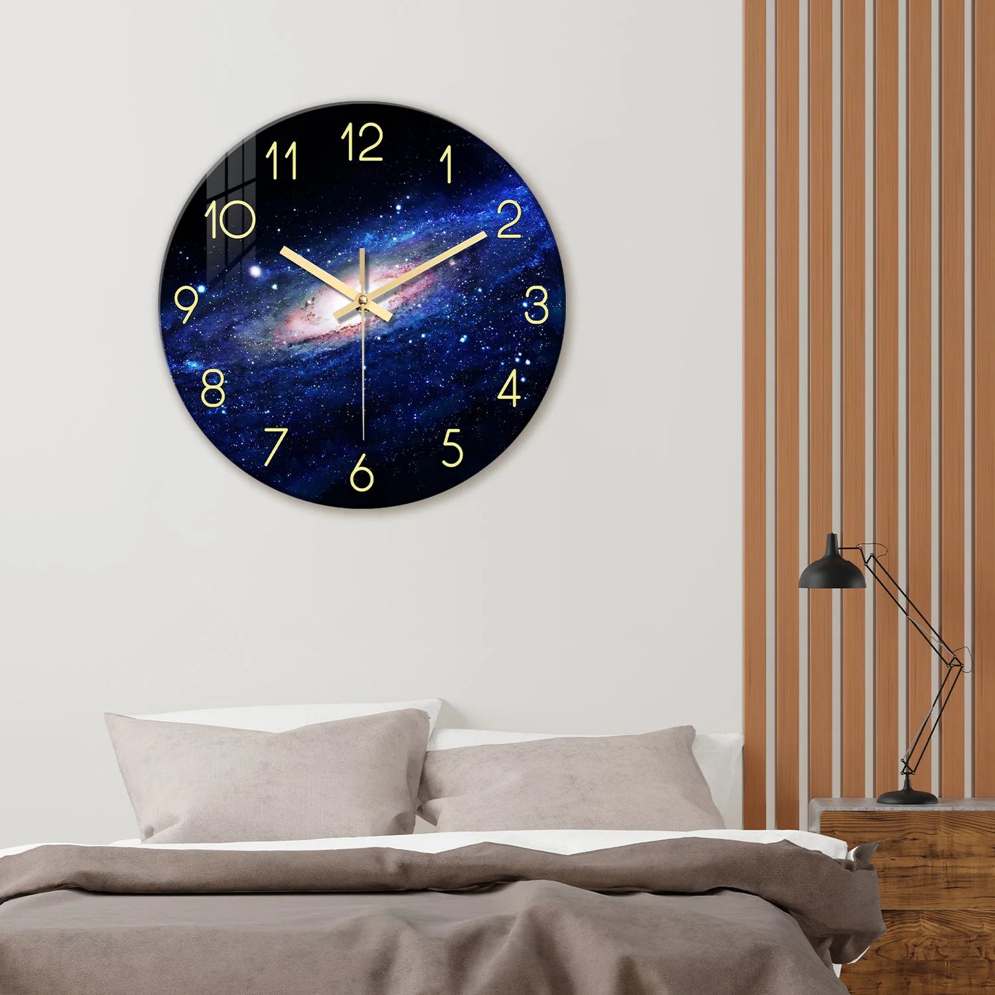 Creative Night Starry Sky Pattern Tempered Glass Wall Clock Living Room Bedroom Kitchen Home Decoration Wall Clock Silent Quartz Clock Holiday Gift 12 Inches 14 Inches 16inch (Without Battery)