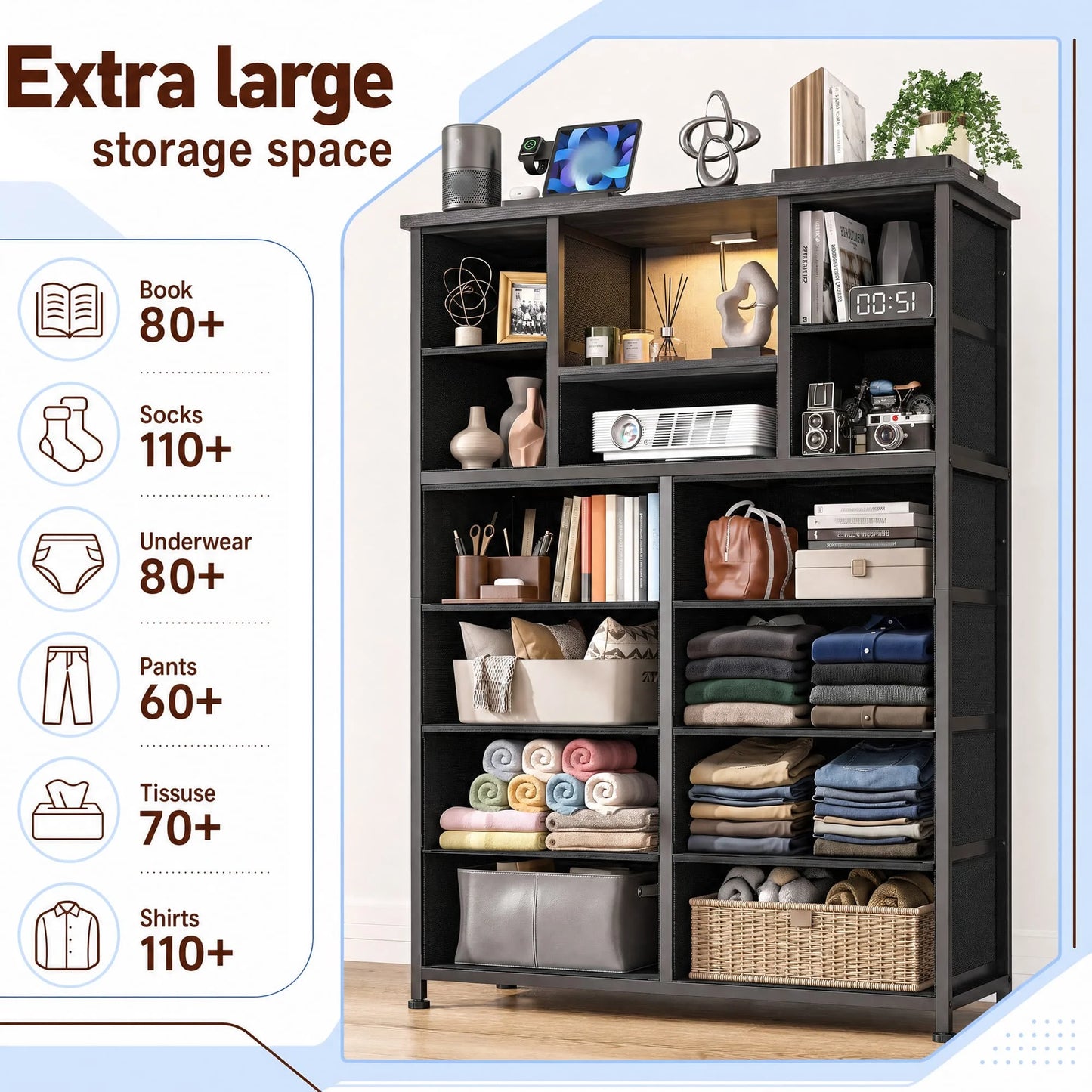 EnHomee 47" Fabric Dresser with LED Accent Lights & Built‑In Charging Hub – 13 Drawers + Open Shelves – Versatile Organizer for Bedroom, Entryway, and Hallway Use