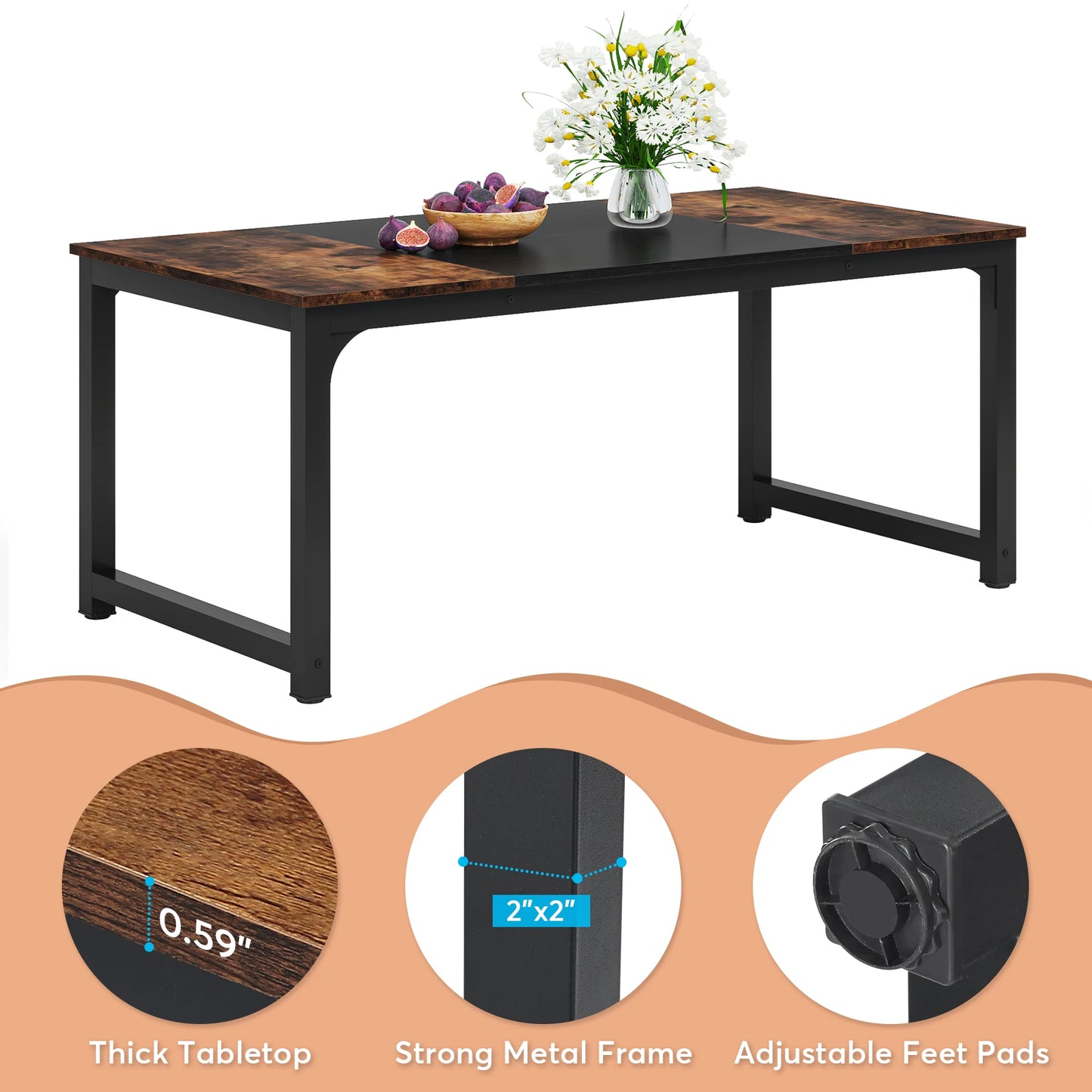 Tribesigns Dining Table, Industrial Kitchen Table for 6-8 Person, Rectangular Dinner Table for Dining Room