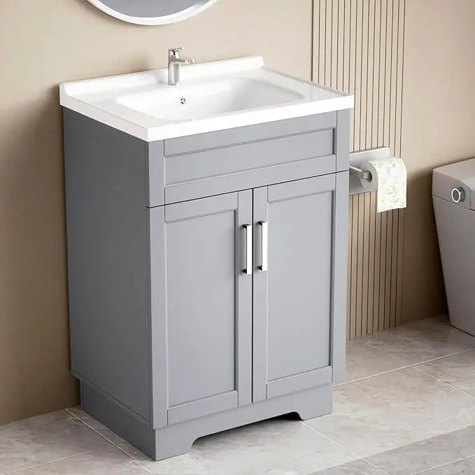 Bathroom Vanity with Ceramic Sink, Bathroom Vanity Cabinet with 2 Doors, 24 Inches Wooden Cabinet with Sink, Customized