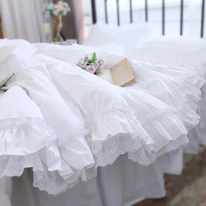 Top Romantic Lace Ruffle Duvet Cover Queen Solid Home Bedding Duvet Cover King Size 100% Cotton Elegant Bedroom Quilt Covers