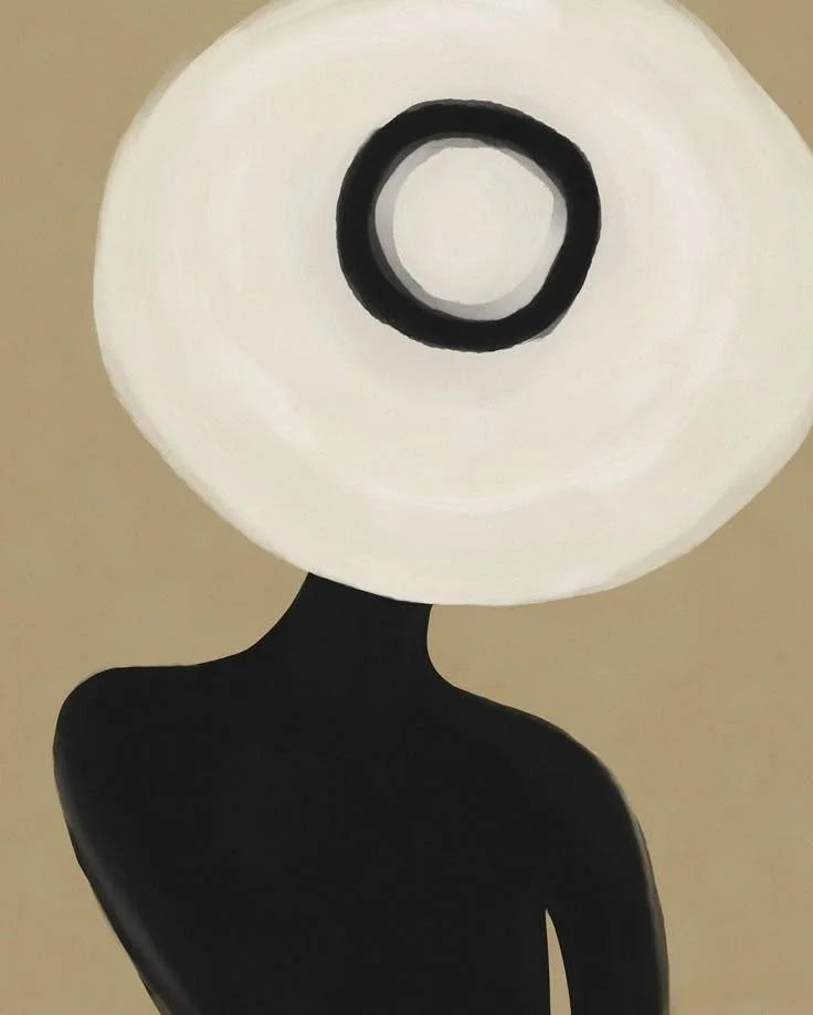 Minimalist Black Silhouette Woman With White Wide Brim Hat Canvas Wall Art Neutral Beige Boho Abstract Female Portrait Print